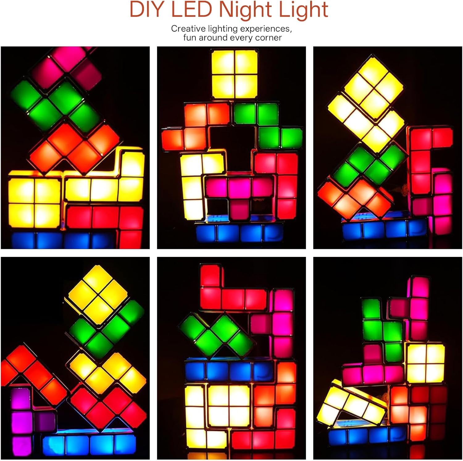 Night Light New Upgrades DIY Stackable LED 3D Puzzles Night Lamp Lights 7 Colors Night Lights Interlocking Induction Nightlights Novelty Tangram Lights Birthday Gifts for Teen