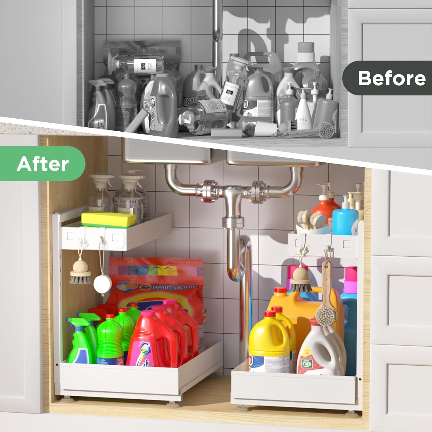 Under Sink Organizer Bathroom Kitchen: 2 Pack 2 Tier Metal Under Cabinet Storage with Height-adjustable Shelf and Pull out Rack for Pantry Vanity Cupboard Counter Countertop