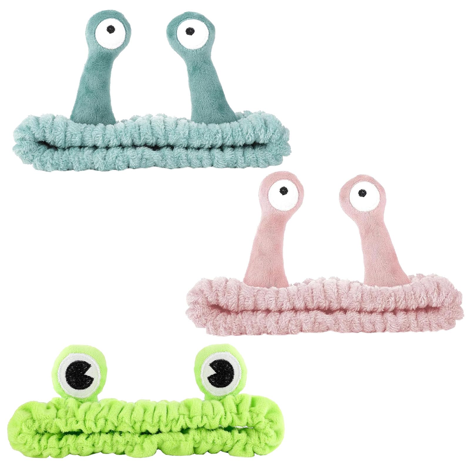 3 Piezas Cinta Pelo Maquillaje, Diadema Maquillaje Divertida Banda para el Cabello Diadema Skincare Coral Fleece Hair Band, Con Ojos de Rana y Caracol Diadema Maquillaje Para Mujeres Niñas