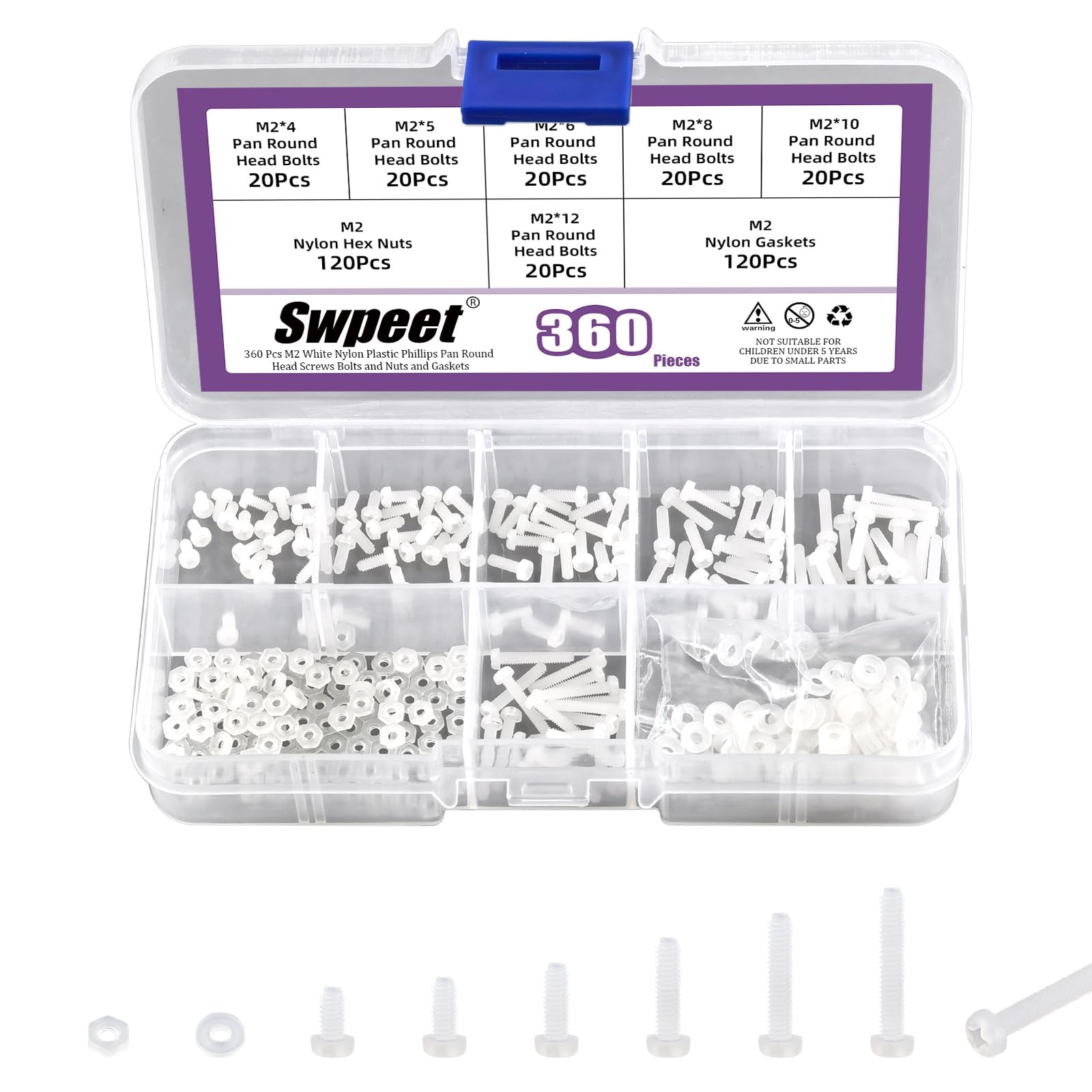 Swpeet 360 pezzi 6 misure M2 viti a testa tonda pan in nylon bianco con dadi esagonali e guarnizioni kit assortimento, viti a testa tonda pan Phillips Cross in nylon, lunghezza 4/5/6/8/10/12mm