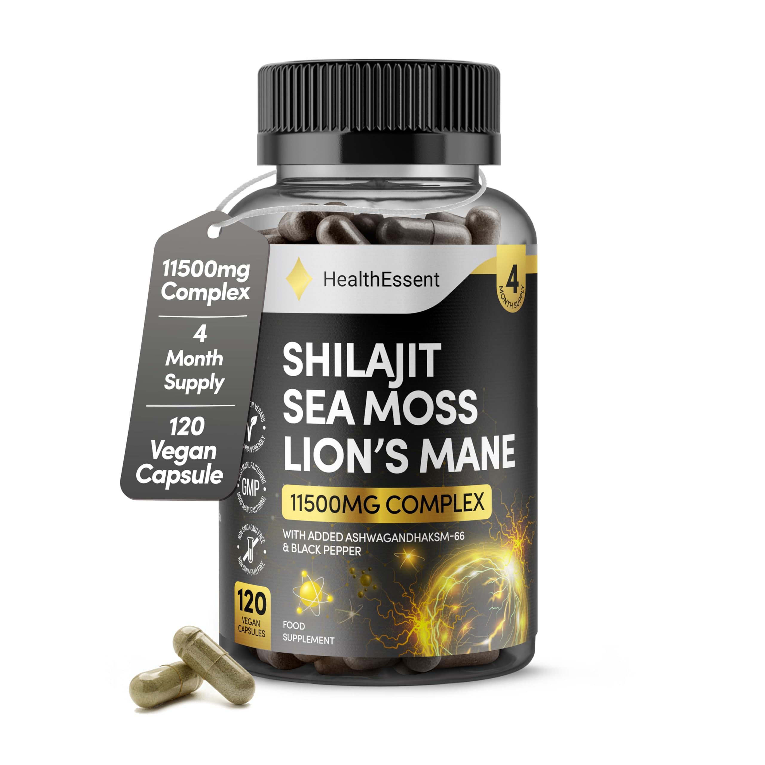 Shilajit Seamoss and Lions Mane Capsules, 11500mg 3-in-1 Brain & Focus Supplement with Ashwagandha & Black Pepper, High Strength Lions Mane Shilajit Blend for Energy & Immunity,120 Vegan Capsules