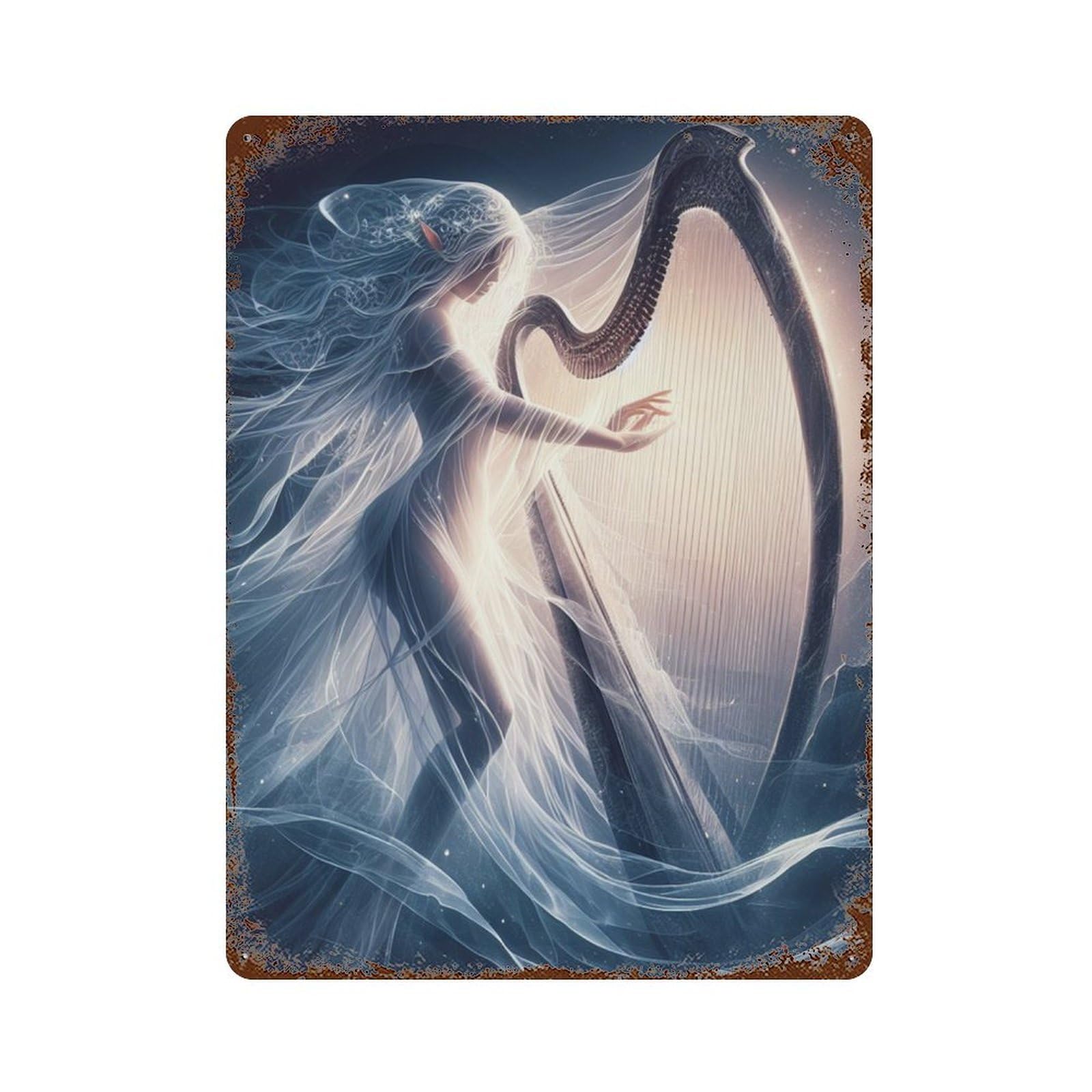 Enchanted Harp Fantasy Art Rusty Metal Tin Sign 15.7"x11.8", Ideal for Office, Studio And Wall Decor
