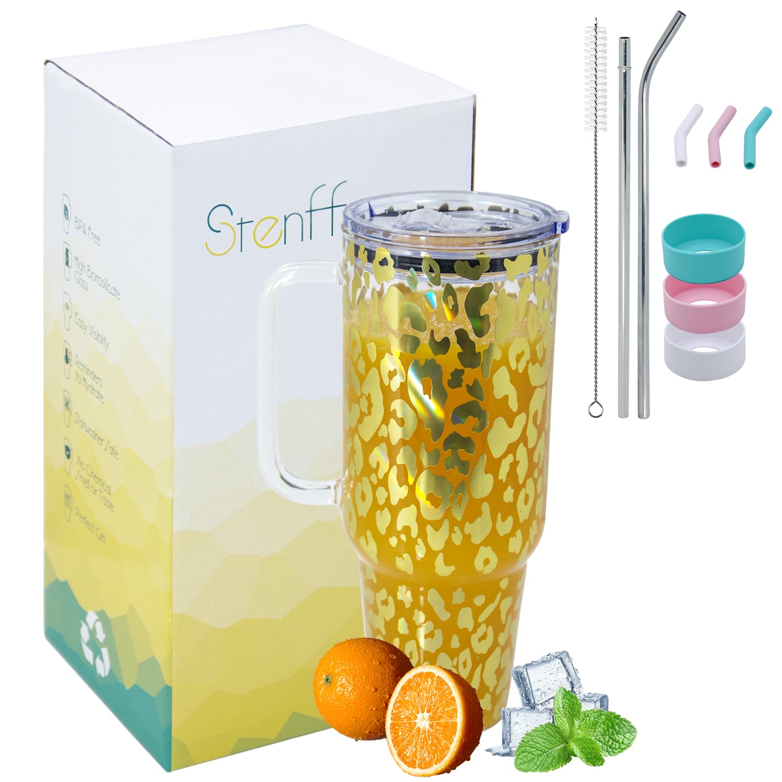 Photo 1 of 40oz GlassTumbler with Handle,Iced Coffee,Cold,Hot Water,Juice Tumbler Fits Car Cup Holder,BPA-Free,Leak Proof,Dishwasher Safe, 3 Colors Silicone Sleeve,Straw Sleeve (Golden)