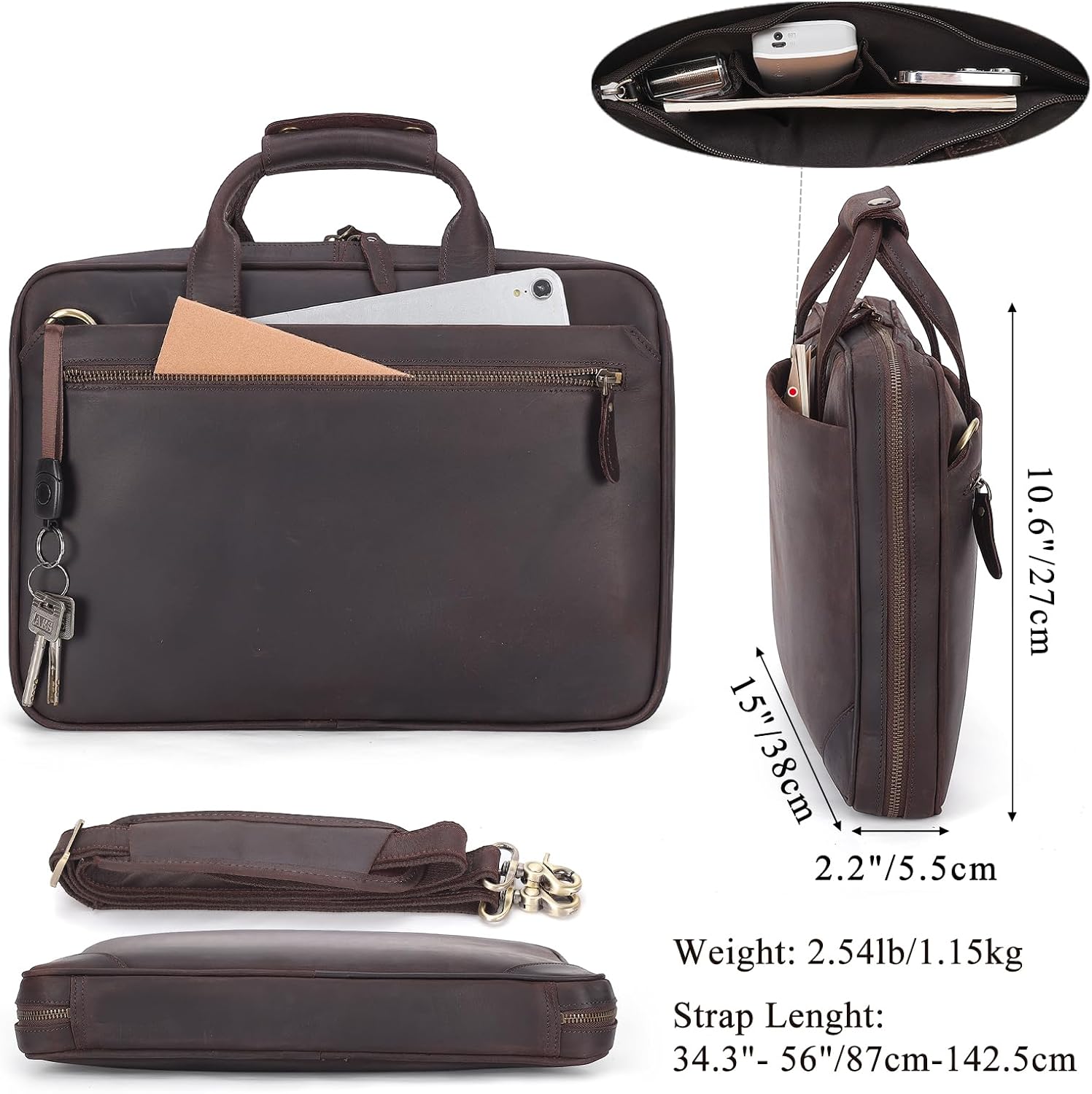 Leather Slim Briefcase for Men 15.6" Laptop Crossbody Messenger Bag Business Work Lawyer Attache Case - Image 3