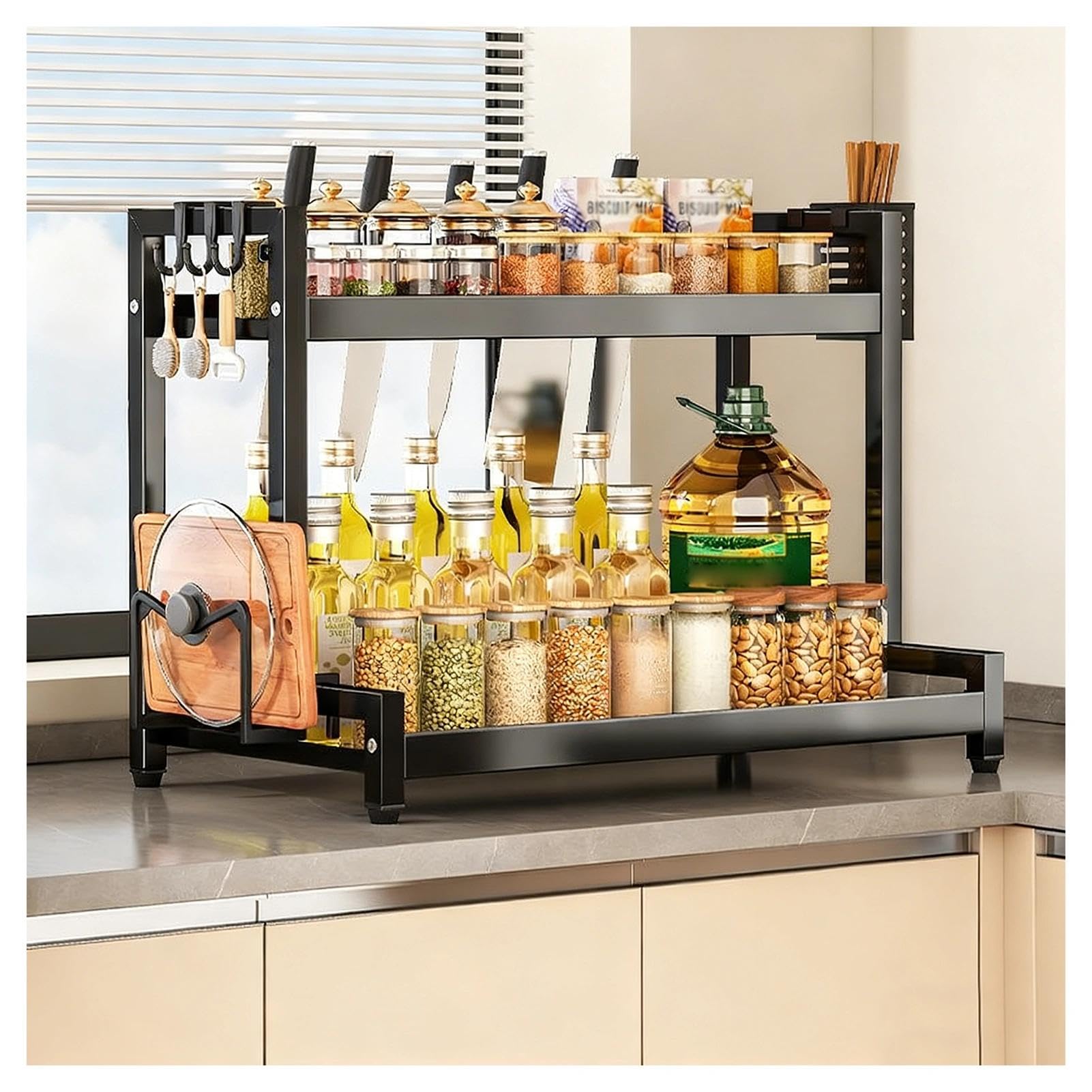 TIANQIHAO Stainless Steel Countertop Spice Rack Nizer, 2-Tier Metal Table Rack With Hooks And Knife Holder, Standing Large Nizer For Sugar, Salt, Pepper And Oil Bottles,Black-2 Tier-19.7in