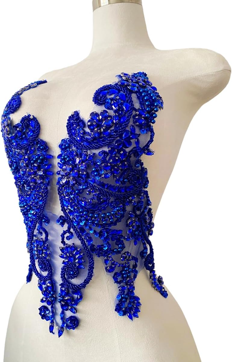 Hand-Made Beaded Rhinestons DIY Clothing Appliques Patch sew on Decoration Flower Applique Dress Accessories (Blue)