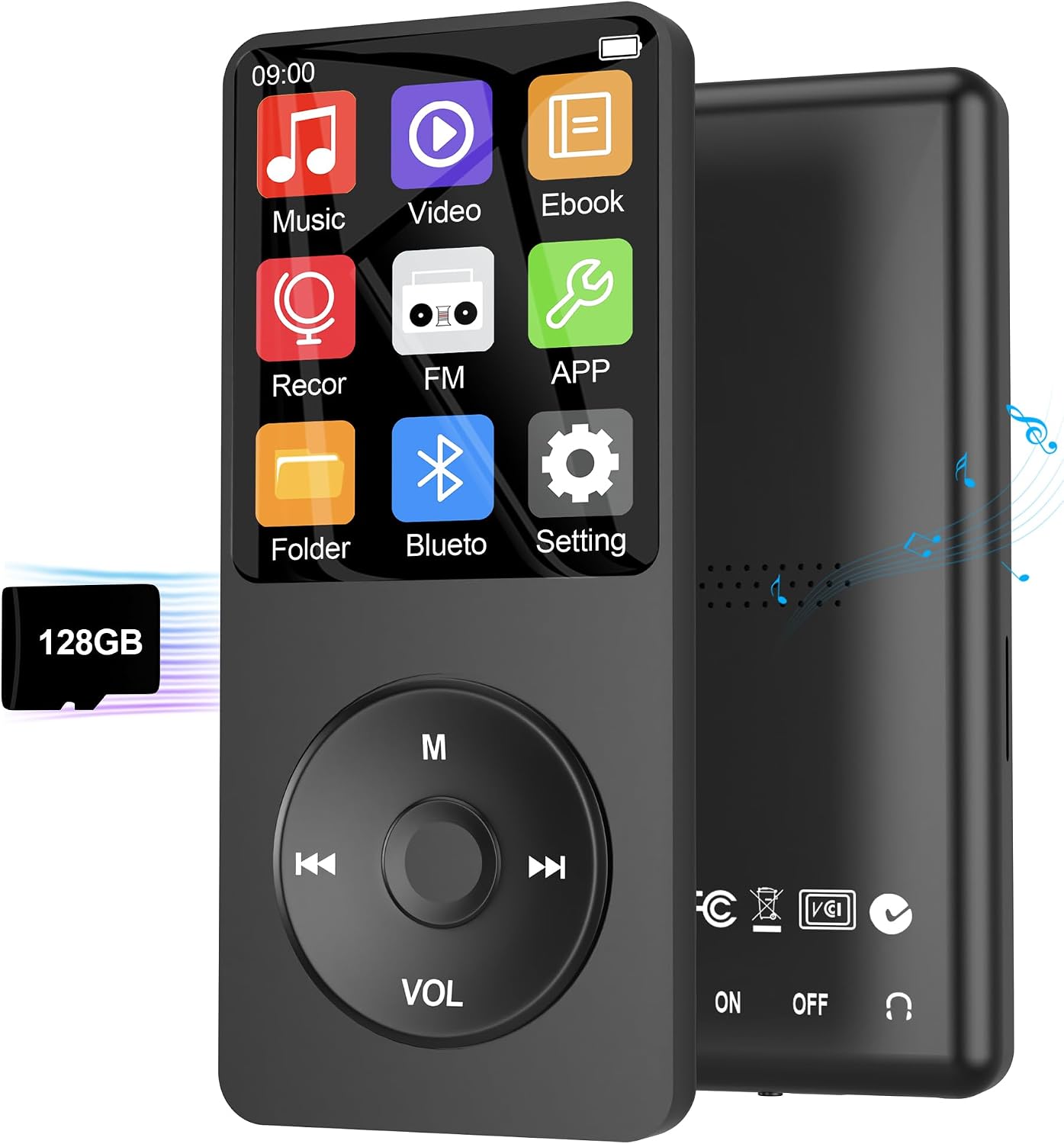 Pocket 128GB MP3 Player with Bluetooth 5.3, Mini 1.8-Inch Music Play Built-in HiFi Speaker,Portable MP4/MP3 Player for Kids with Music,Video,FM Radio, E-Book Reader, Voice Record, Photo Viewer, Black