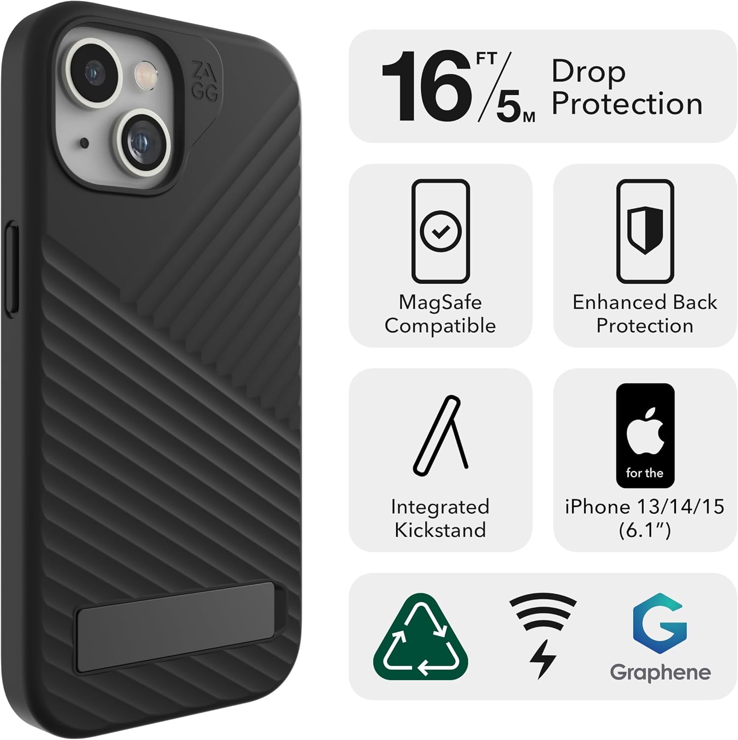 ZAGG Denali Snap Case for iPhone 15/14/13 with Kickstand - MagSafe Compatible, Dual Layer Protection, Graphene Fortified, 16ft Drop-Proof, Eco-Friendly Design, Textured Grip, Black