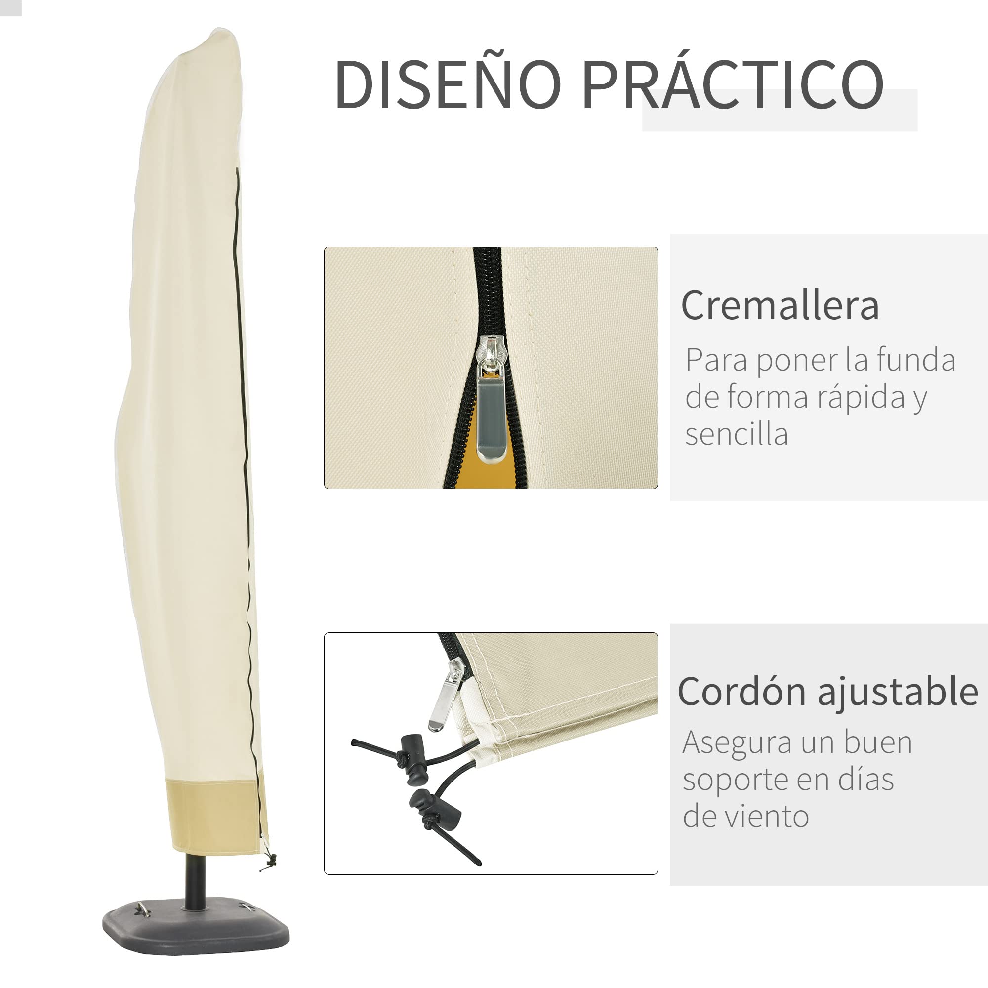Outsunny Funda para Sombrilla de Jardín Funda para Parasol Impermeable Tela Oxford 600D Cubierta de Parasol con Cremallera para Jardín Exterior Ø56x220 cm Beige