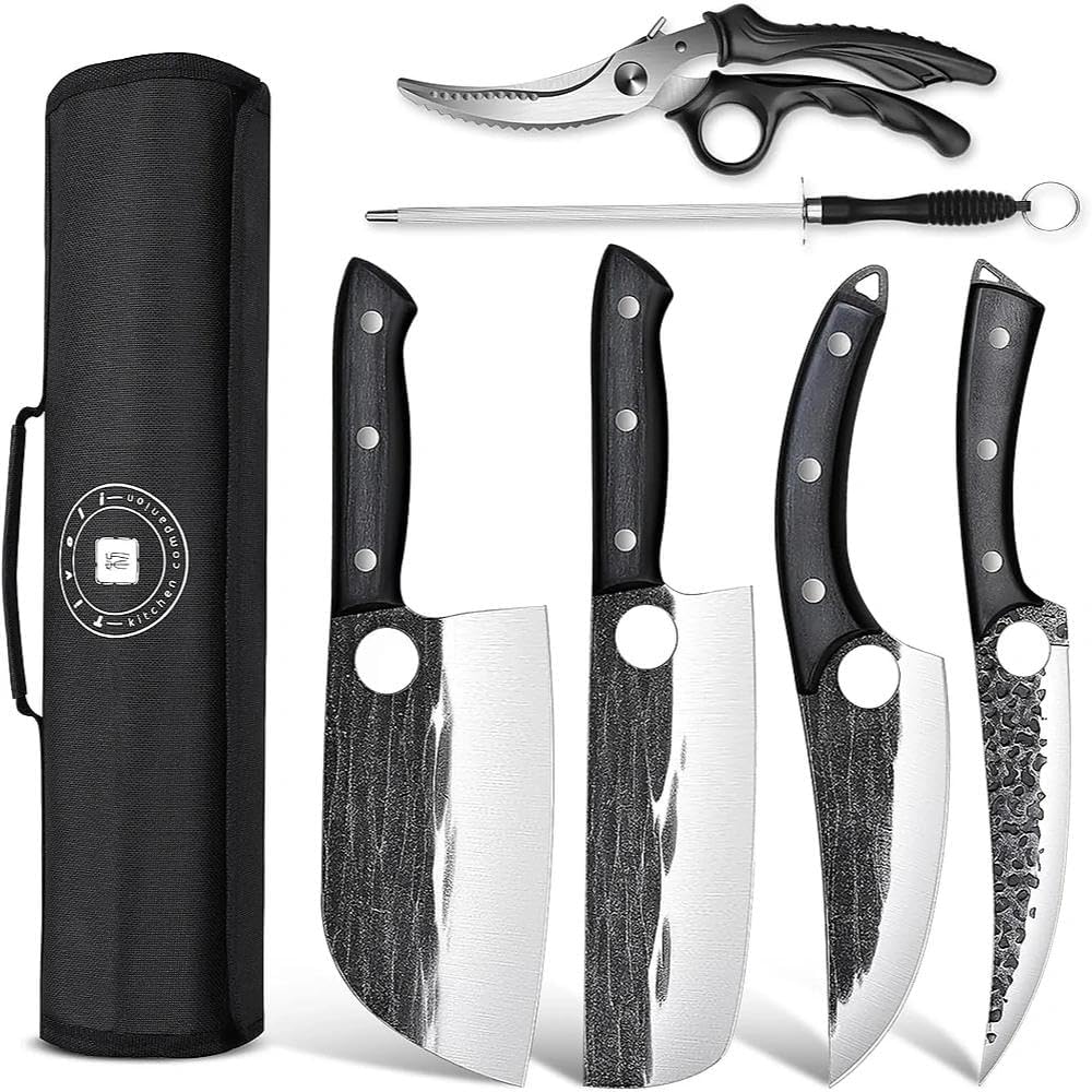 TIVOLI Professional Butcher Knife Set for Meat Processing, 7Pcs High Carbon Steel Hand Forged BBQ Knife Sets, Serbian Chef Knife Set with Ergonomic Handle for Kitchen Outdoor Cooking Gifts