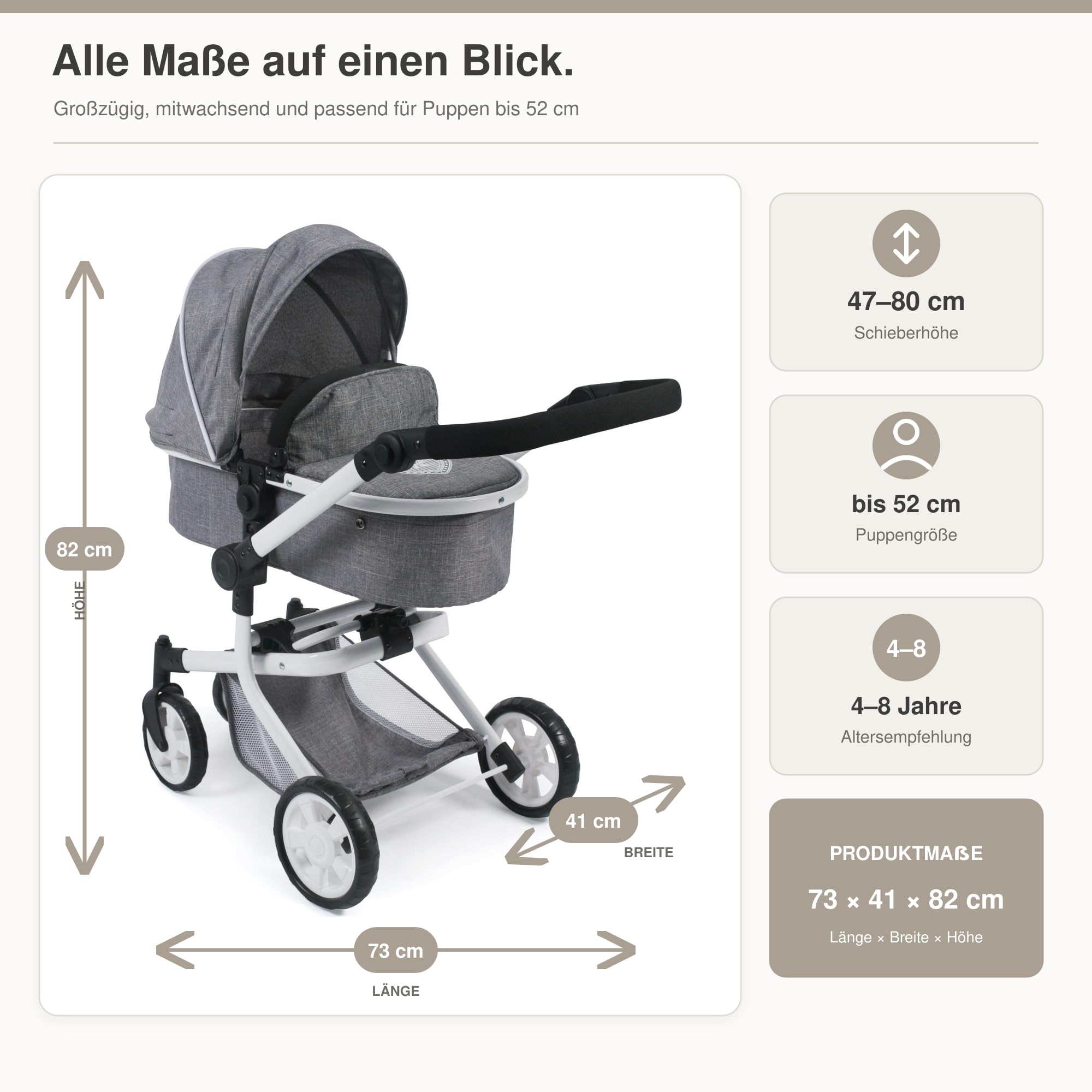 Bayer Chic 2000 Cochecito Muñecas 2en1 Mika | Manillar Regulable 47-80 cm | Cochecito de muñecas premium 2en1 convertible con manillar ergonómico y ruedas giratorias. Robusto y de larga vida útil.