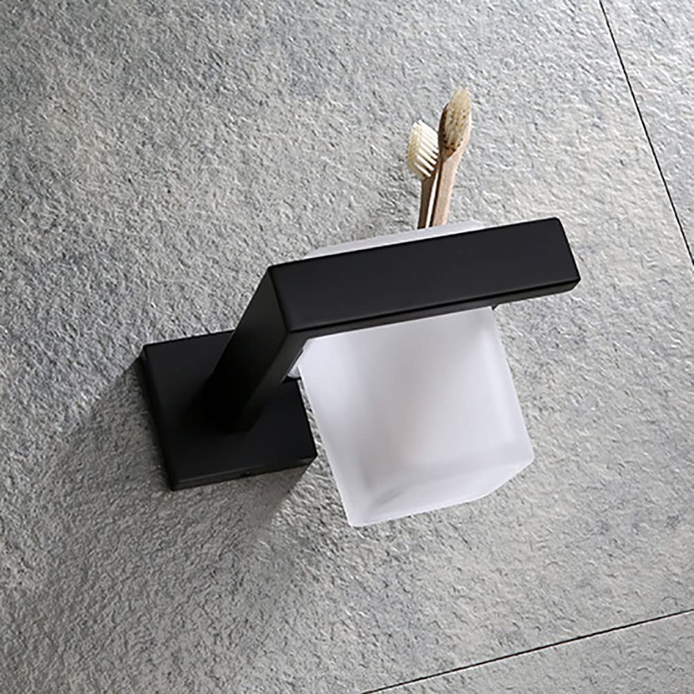 Portacepillos de Dientes, Organizador Colgante for cepillos eléctricos, Soporte Acero Inoxidable Negro Mate, Juego Vasos Cuadrados Pasta