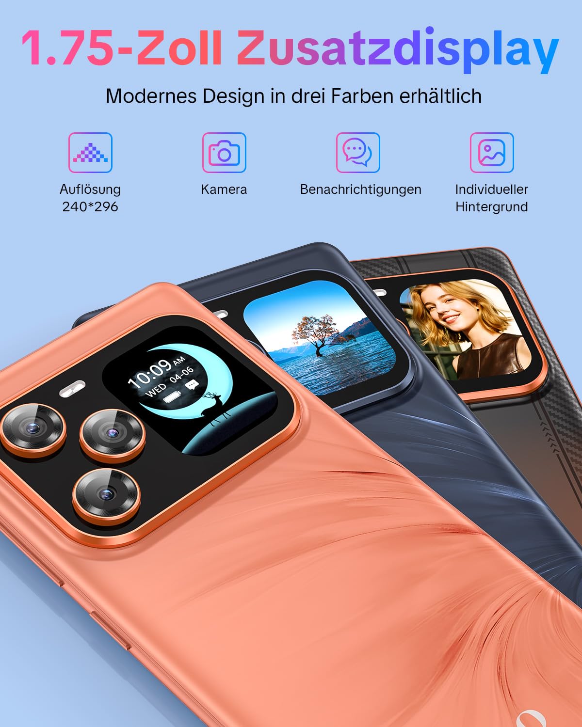 W & O 5G Smartphone 12GB+512GB, Dual-Screen Android Handy mit 6,67" OLED Gebogene Bildschirm, 1,75" Zusatzdisplay, 64MP+16MP Kamera, 5000mAh Akku, Dual SIM, Handy ohne Vertrag (Orange)