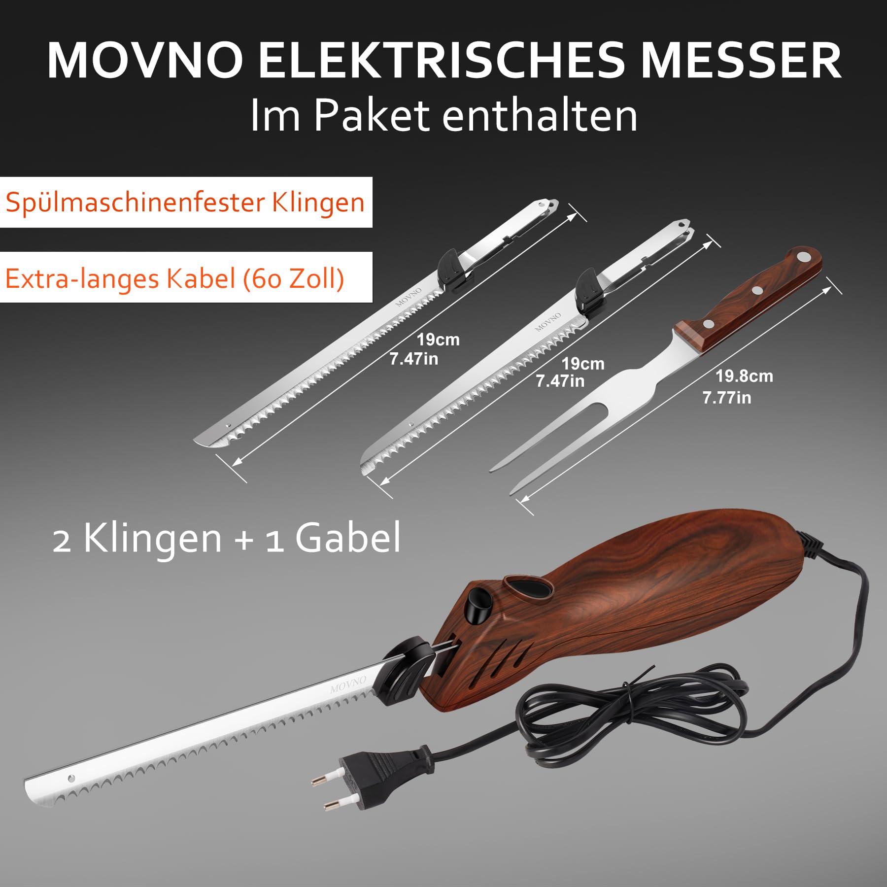 MOVNO elektrisches Messer, elektrisches Messer für Fleisch, Tranchieren von Truthahn, Brot, Geflügel, Filetieren, Schaumstoffbearbeitung und mehr, ergonomischer Griff, Gabel enthalten, Elektromesser