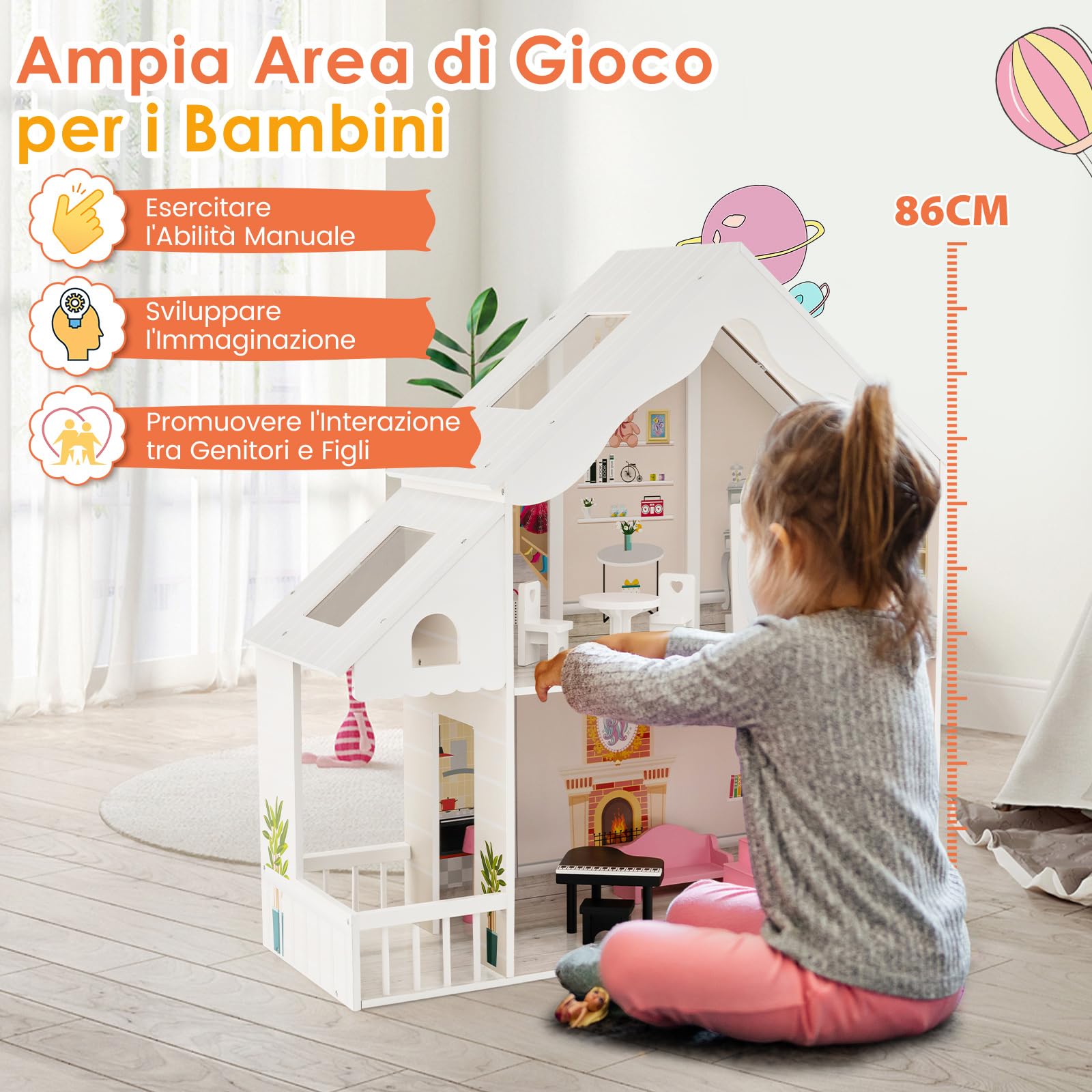 COSTWAY Casa delle Bambole in Legno per Bambini, Casetta delle Bambole con Stanze e Set di Mobili, 2 Grandi Lucernari e Carta da Parati, Regalo per Bambini 3+ Anni