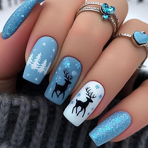 Christmas Press on Nails Blue Square Fake Nails Medium False