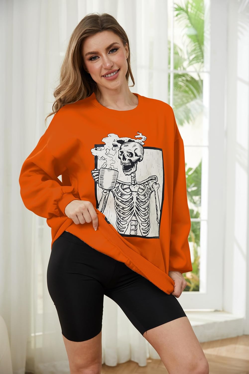 Meladyan womens Halloween Skull Graphic Print Fleece Oversized Sweatshirt Crewneck Long Sleeve Drop Shoulder Pullover, Pumpkin Orange, Small - Image 4