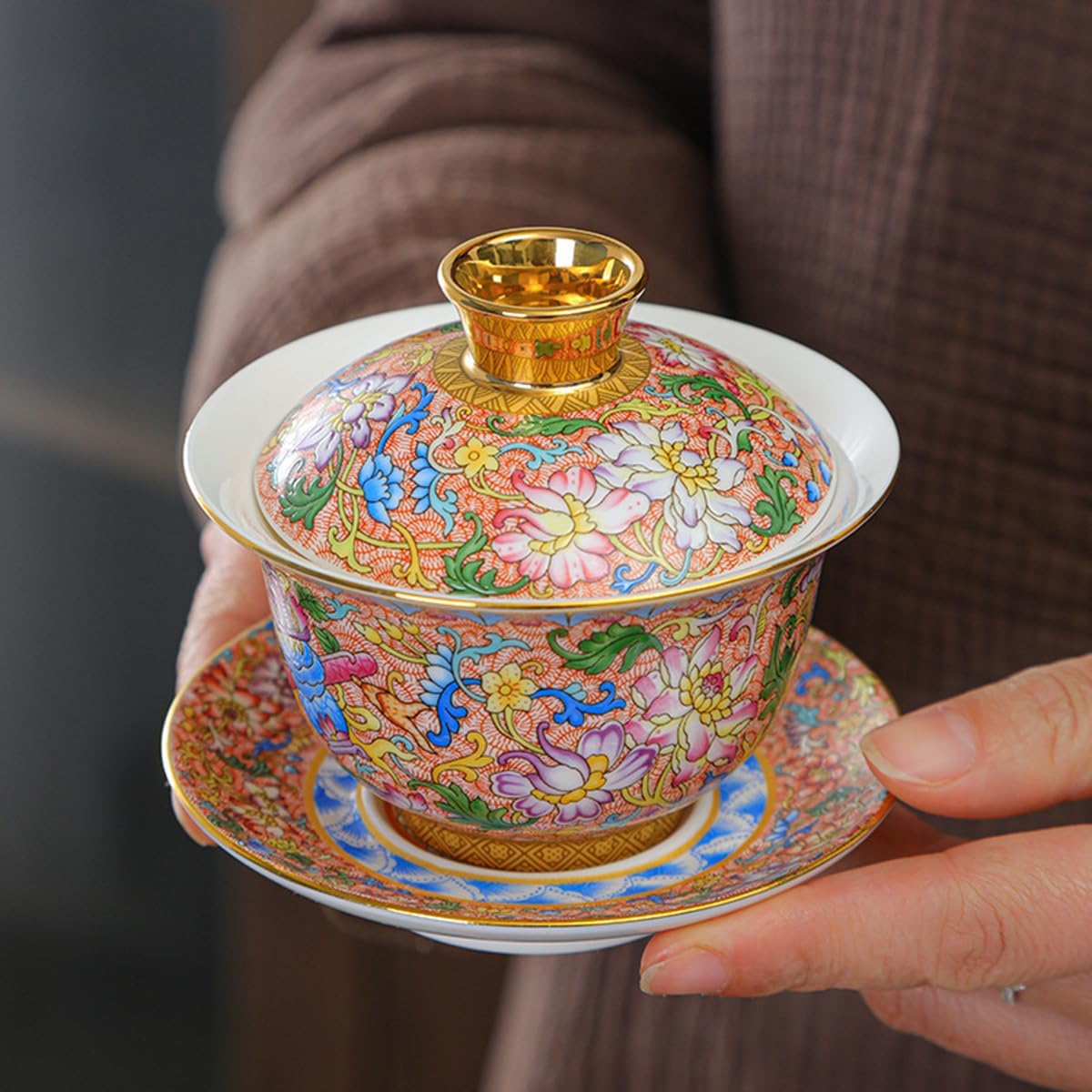 Three Talents Enamel-Painted Porcelain Gaiwan - Single Tea Cup, Offering Bowl, and Home-Use Chinese Kung Fu Tea Ware, 3.94 x 3.54 Inch