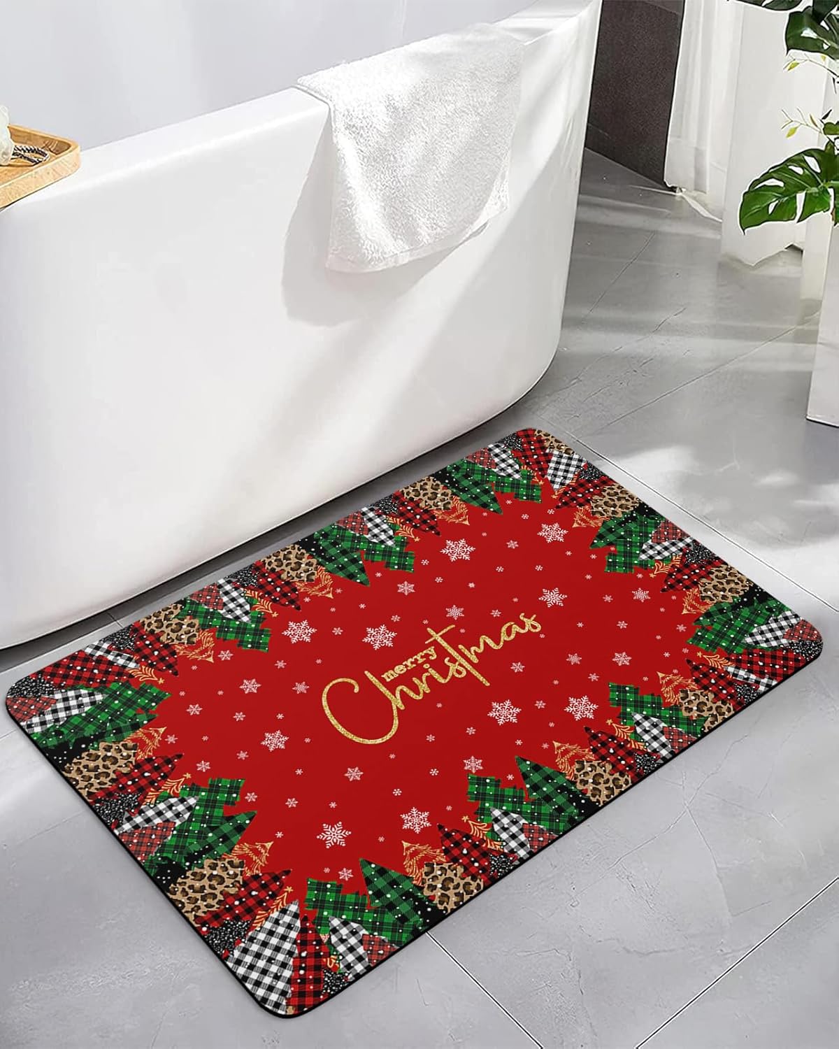 ALAGEO Chrsitmas Bathroom Rug Bath Mat Green Red Buffalo Plaid ater Absorbent Bath Rug Non-Slip Bathroom Mat, Washable Quick Dry Bath Mats for Christmas Decor Xmas Tree Snowflake 18"x 30"