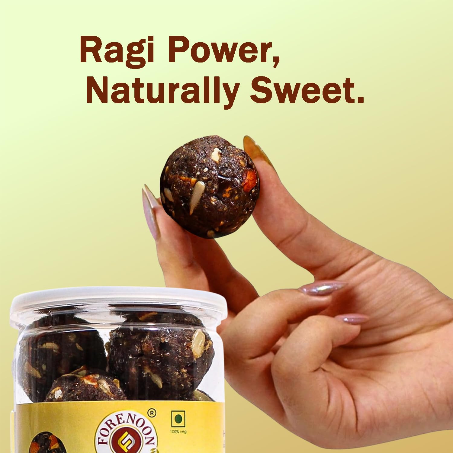 Fore Noon Ragi Dates Laddoo | No Added Sugar & Gluten-Free | High Calcium Indian Finger Millet Laddu (Mandua, Nachani, Nagli, Ragulu, Kelvaragu) | 100% Natural, No Flavours & Preservatives | Gond & Cow Ghee Snack for Kids, Pregnancy & Immunity Support | 225g Pack ( 9 x 25g ) 4
