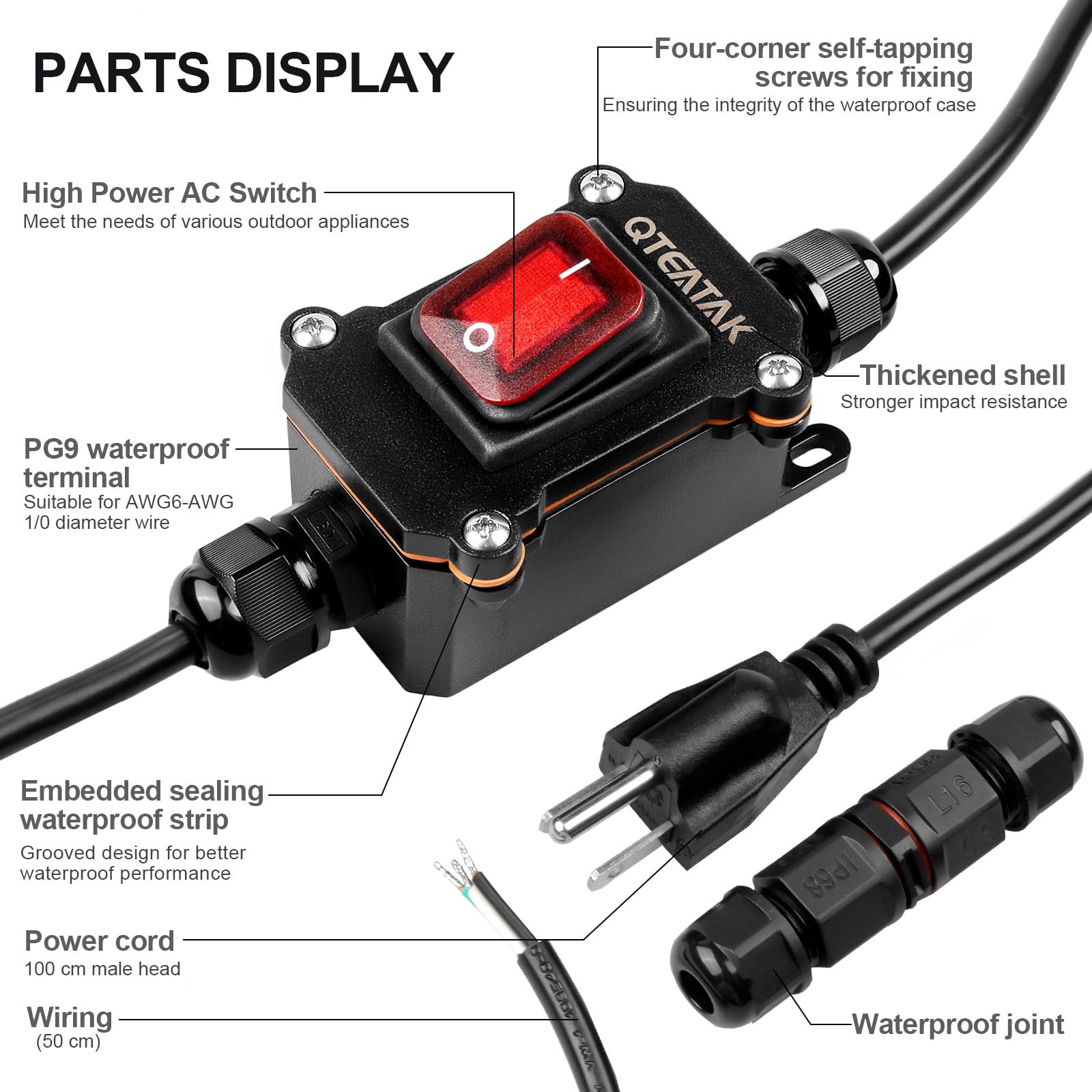 Snapklik.com : QTEATAK Inline Cord Switch DPST AC20A-125V 16A-250V IP66 ...