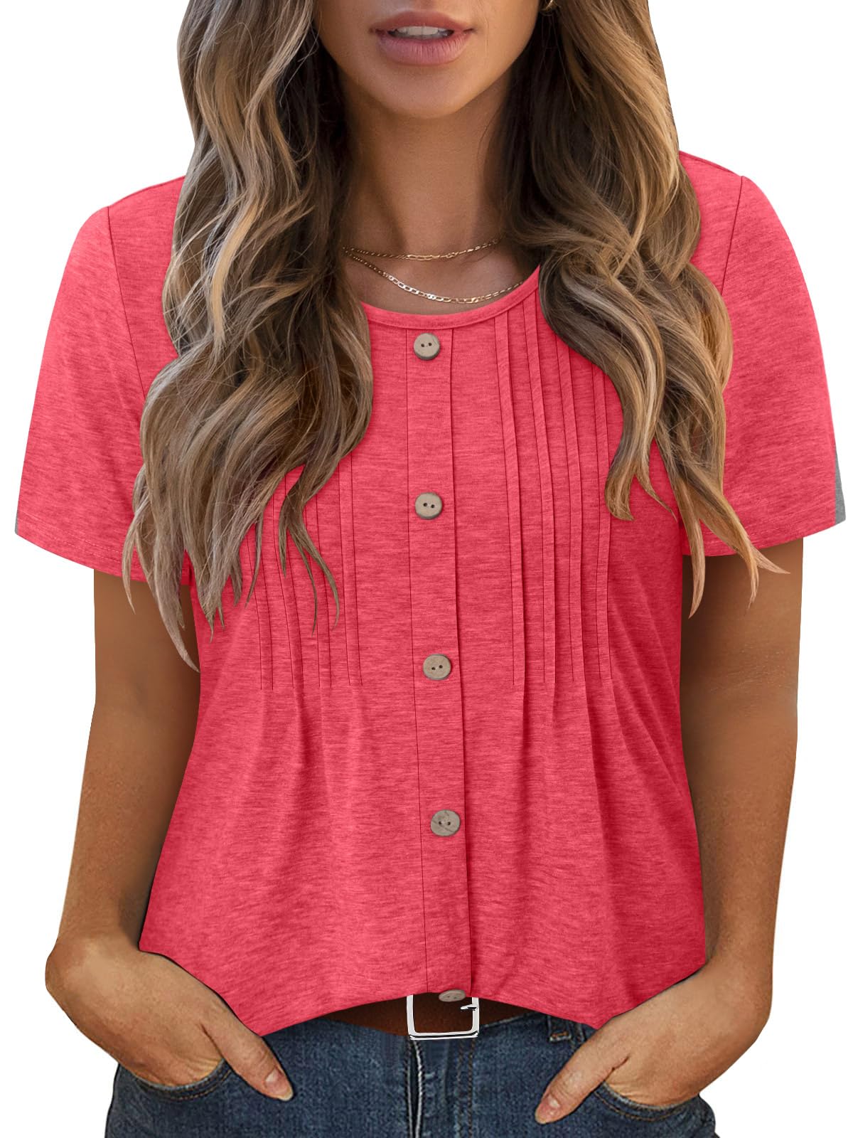 KISSMODA Women's Summer Tops Casual Round Neck Pleated Short Sleeve Chiffon Blouses Shirts Plain&Floral Printed