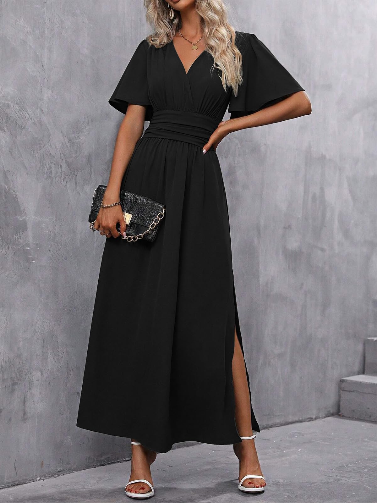 Femme Robe Elegante Col en V Taille Haute Robe Longue d'été Plissée Manches Papillon Fente Latérale Froncée Robes pour Soirée Mariage Fête