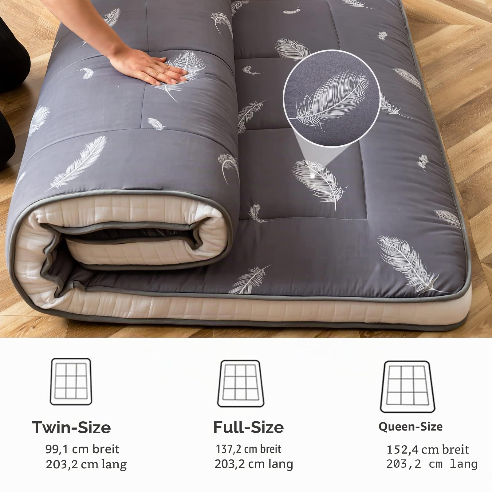 MAXYOYO Futon Matratze, Gepolsterte Japanische Bodenmatratze Gesteppte Bett Matratzenauflage, Extra Dicke Faltbare Isomatte Atmungsaktive Bodenliege Gästebett für Camping Couch (Feder, Doppel)