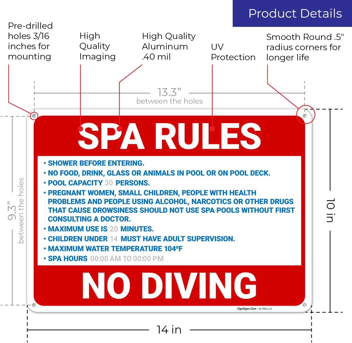 Custom Spa Rules Sign, 10x14 Inches, Rust Free .040 Aluminum, Fade Resistant, Made in USA
