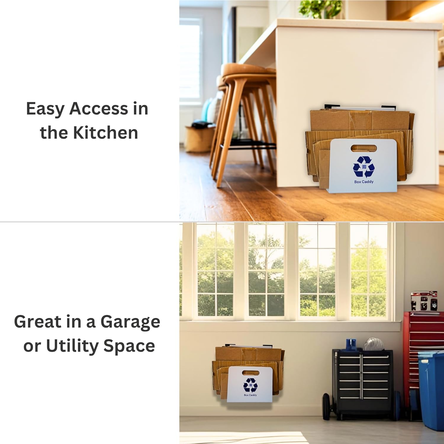 Box Caddy - Cardboard Recycling Organizer. The ultimate solution to store, transport, and recycle your boxes. Eliminates cardboard clutter. (White/Blue)