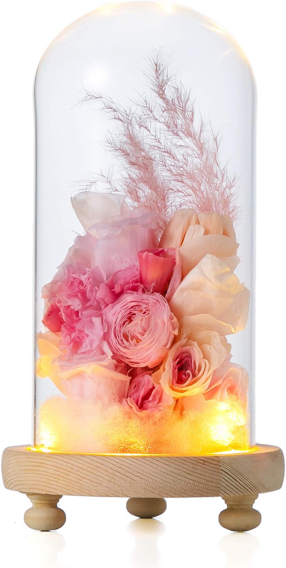 NCYP Glass Dome with Wood Base LED Light Round Bell Jar Clear Cloche Display Case for Rose Flowers Home Or Office Tabletop Decoration Valentine's Day Wedding Centerpiece DIY (Small D3.5 x H7.1)