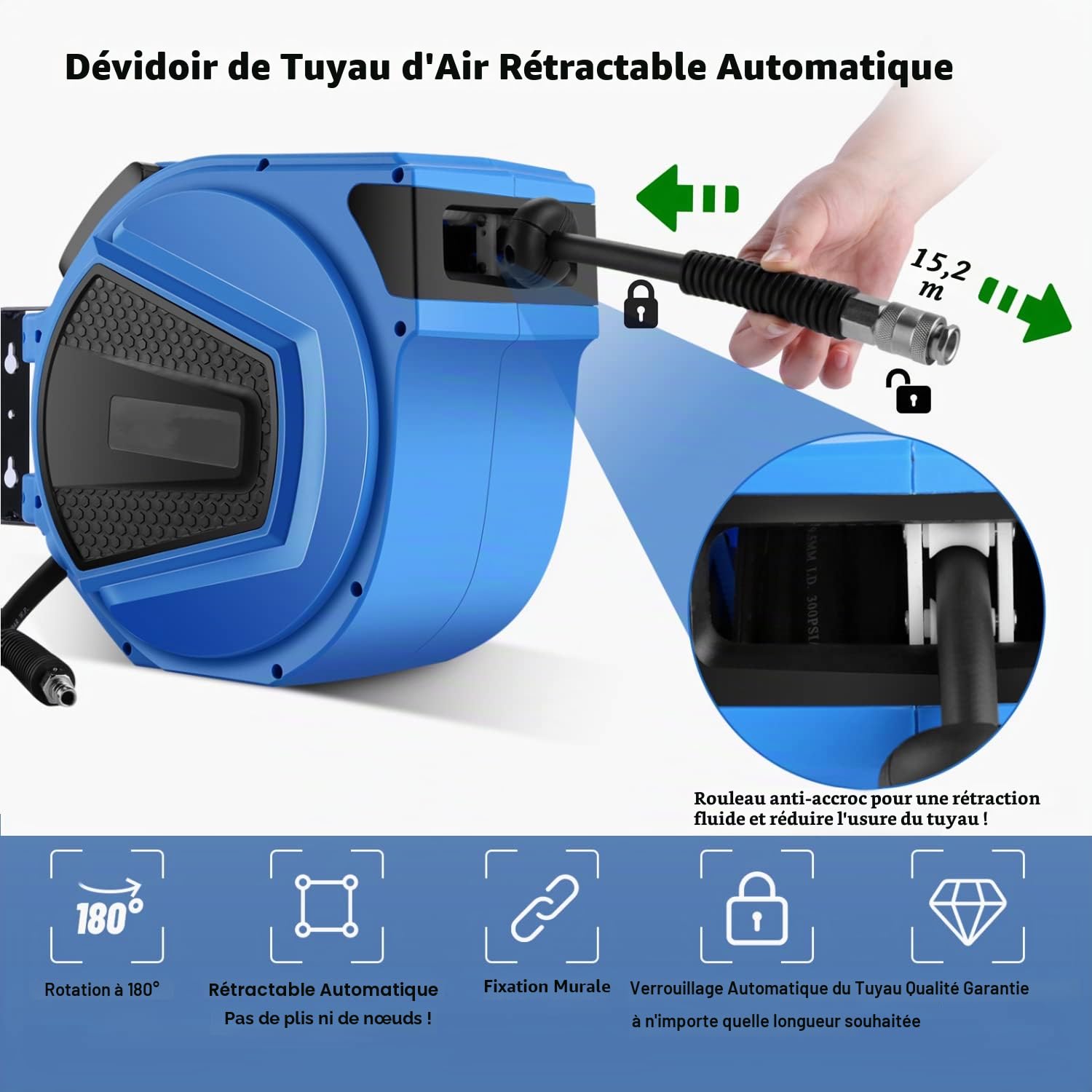 Automatique Enrouleur Tuyau Air Comprimé 15m | Mural Dévidoir Air | Automatique Pneumatique Enrouleur Pour Atelier Garage | Max 12 bar | Pivotant 180° | Raccord 1/4" BSP