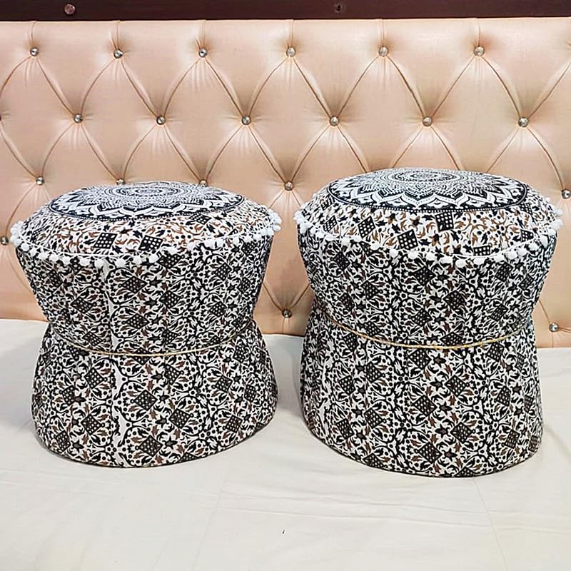 POSHMANDALA Embroidery Work Bamboo Mudda Cover Muddy Stool Ottaman Pouffes Patio Chair Footstools Cover Size 17x18 Inches, Set of 2 Pieces (ONLY Cover)-image-24