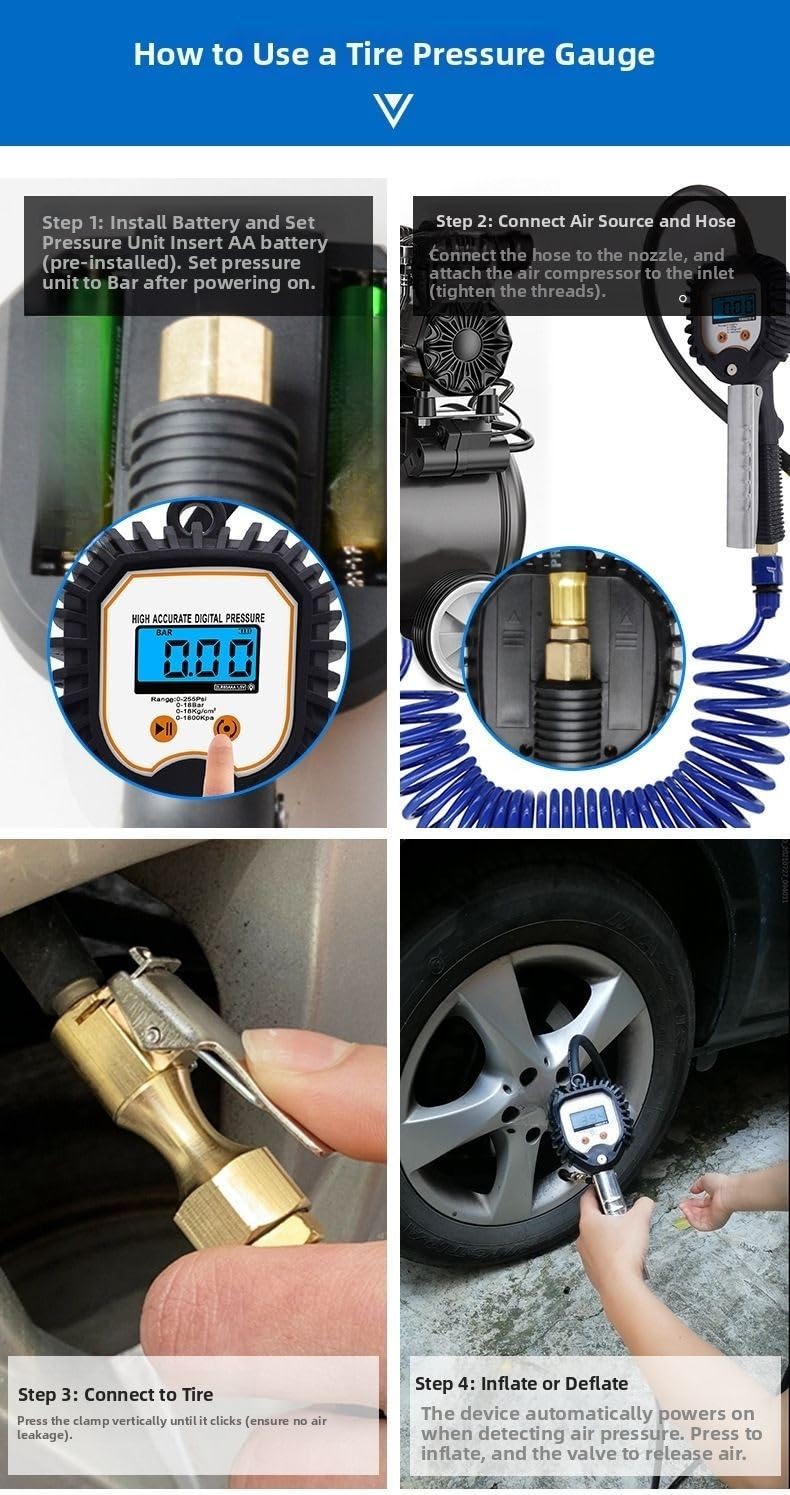 Manomètre numérique de pression des pneus 0-255 PSI avec LCD, 4 unités, tuyau