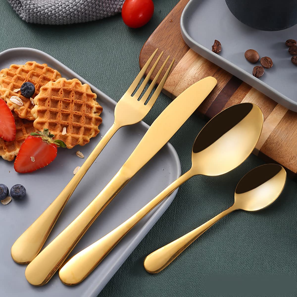 Besteckset Edelstahl mit Organizer-Tasche Reise Camping Besteck Geschirr Geschirr Set für Picknick Schule Messer Gabel Löffel Set Gold (9 Sets mit 36 Stück)