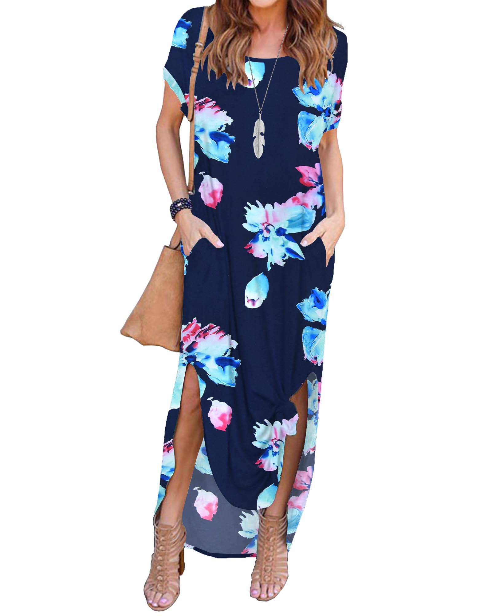 AUSELILY Vestido Largo para Mujer Manga Corta Verano Vestido Playa Maxi Vestido Informal Sexy Bohemio Floral Vestido con Bolsillos