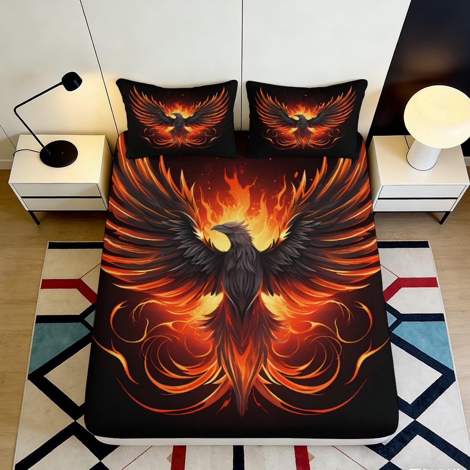 3D Printed Fire Phoenix Fitted Sheet Microfiber Soft Black Flame Mattress Cover for Bedroom Dorm Mattress Protection Decor 160x200x25cm