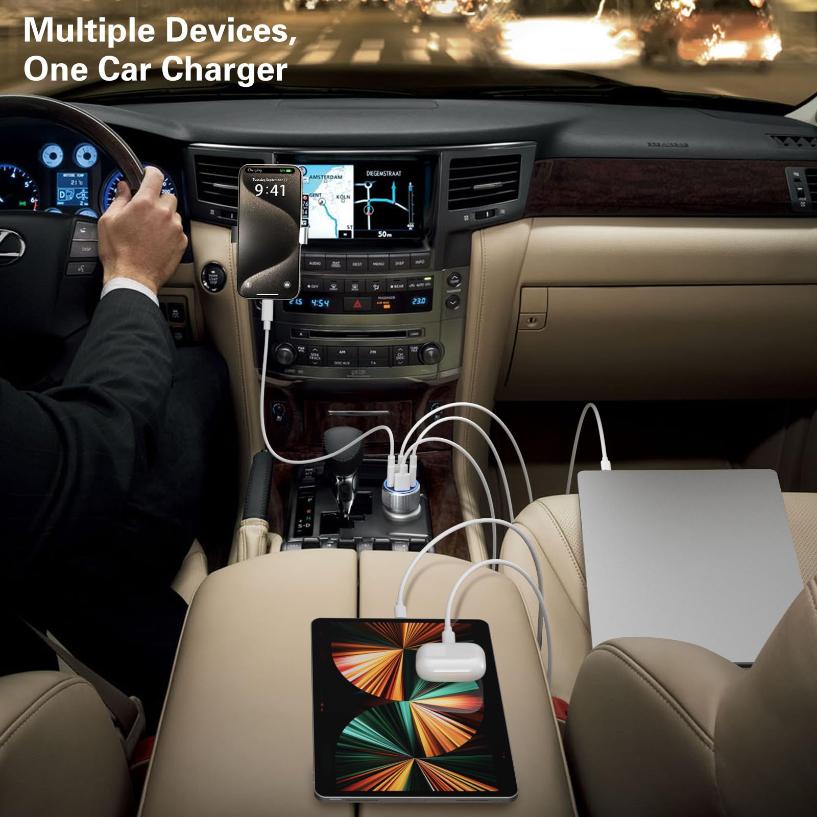 Costyle - Cargador de coche USB C de 65 W, cargador de coche dual USB C y USB A QC+PD 3.0 de carga rápida para encendedor de cigarrillos (gris)
