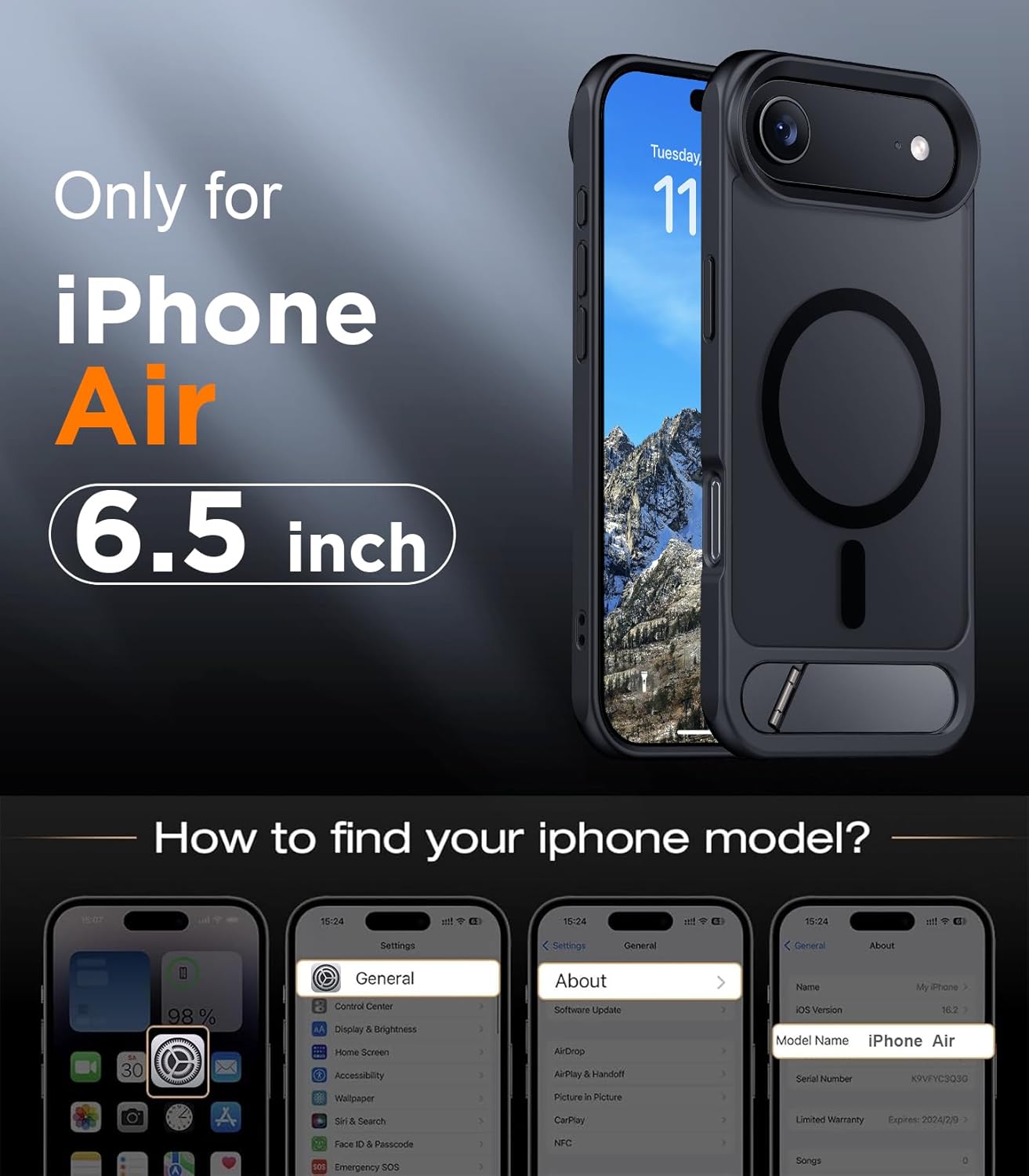 Temdan Designed for iPhone Air Case, [Built-in Invisible Kickstand][Compatible with MagSafe][Military Grade Shockproof] Slim Translucent Matte Phone Case for iPhone 17 Air 6.5 inch (Black) - Image 2