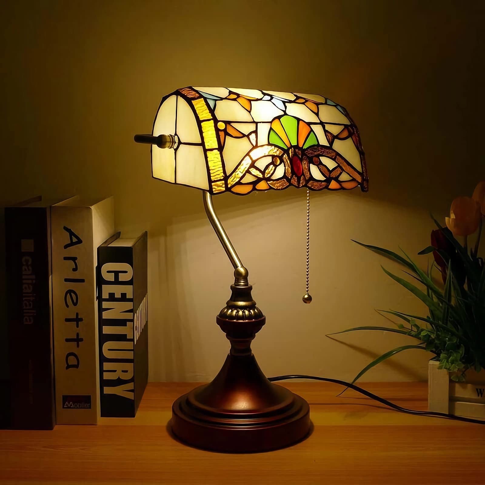 WDBZTJTiffany Style Bankers Table Lamp Vintage Stained Glass Desk Lamp with Base Antique Crystal Beads Bedside Lamp for Living Room Bedroom Office Home Decoration,A