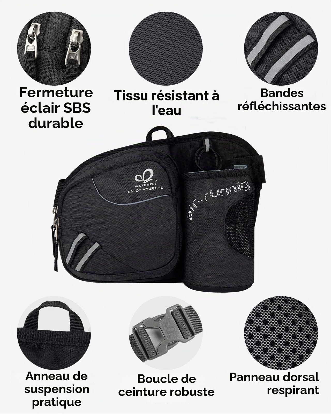 Waterfly Sac Banane Homme et Femme Sacoche Banane de Sport Ceinture de Course avec Porte Bouteille