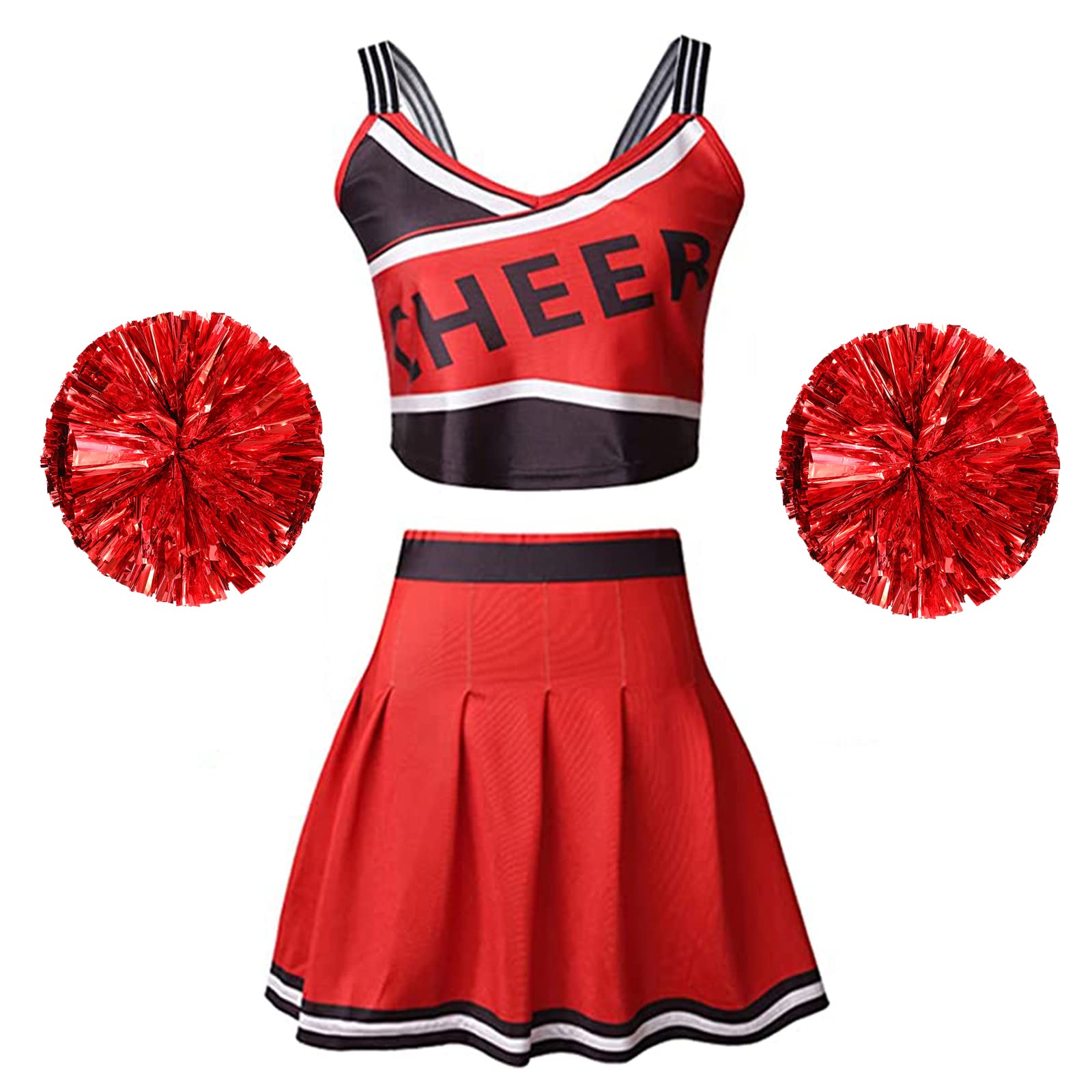 maxToonrain Womens Cheerleader Costume Outfit with Poms Poms,Ladies Cheerleading Fancy Dress High School Sleeveless Uniform Tops+Skirt Costumes for Women Halloween