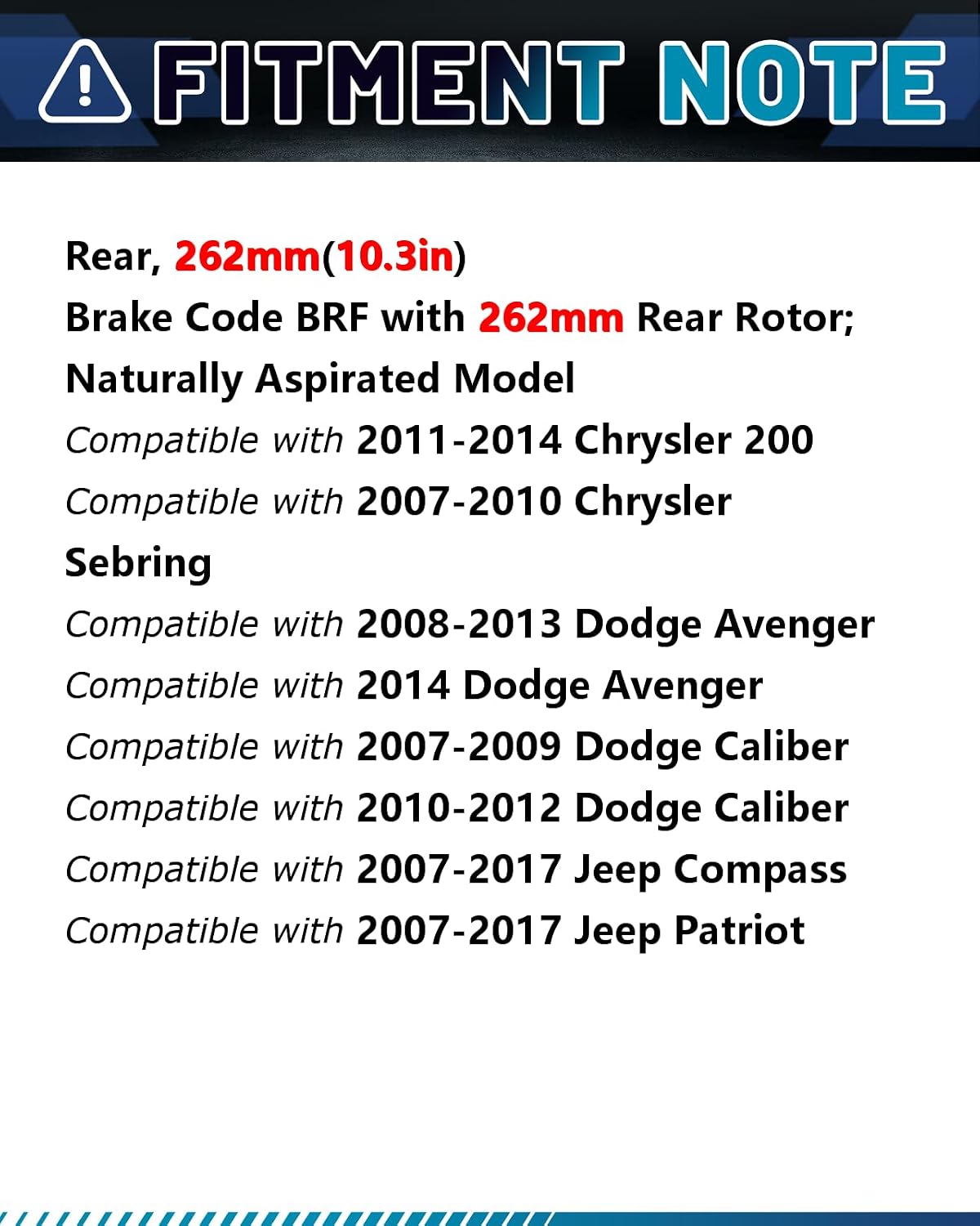 Rear Brake Kit, Brake Rotors Brake Pads Compatible with 2007-2017 Jeep Patriot, 2007-2017 Jeep Compass, 2008-2014 Dodge Avenger|Geomet Coated |262mm(10.3in)|53036 & D1037-7940|Rear Brake Rotors