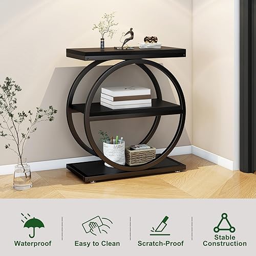 Miniatura 5 de IBUYKE Mesa auxiliar estrecha con 3 estantes de almacenamiento, mesa auxiliar de sofá industrial, marcos de metal redondos dobles, mesita de noche