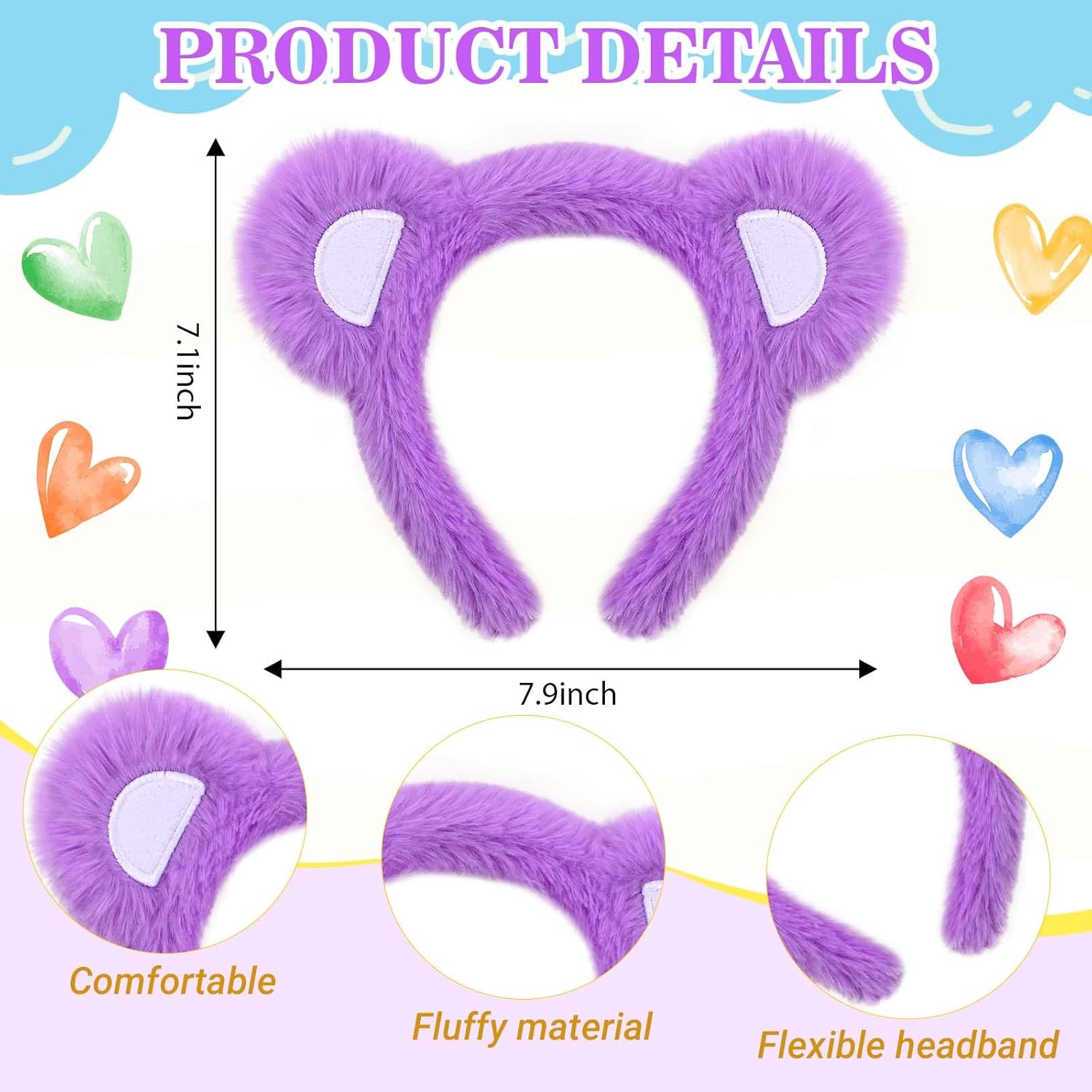 3 Pcs Bear Cosplay Set Bear Headband Tail &Iron-On Patch Accessory Set for Animal Costume (Purple) - Image 2