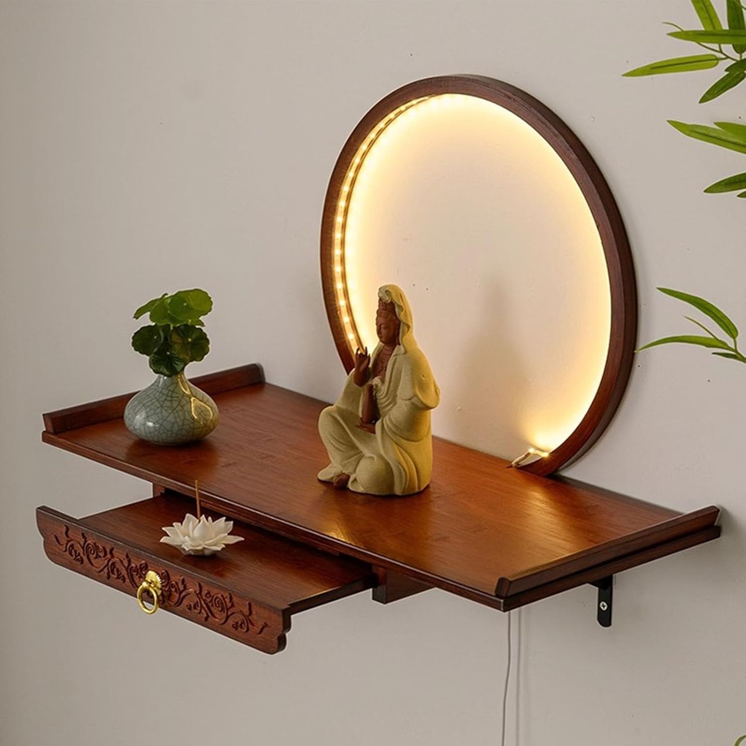 Wall Mounted Shrine Altar Table with LED Light, Bamboo Household Small Meditation Table with Retractable Pull Plate, Prayerbuddhist Altar, Altars Cabinet(Brown,60cm/23.6in)