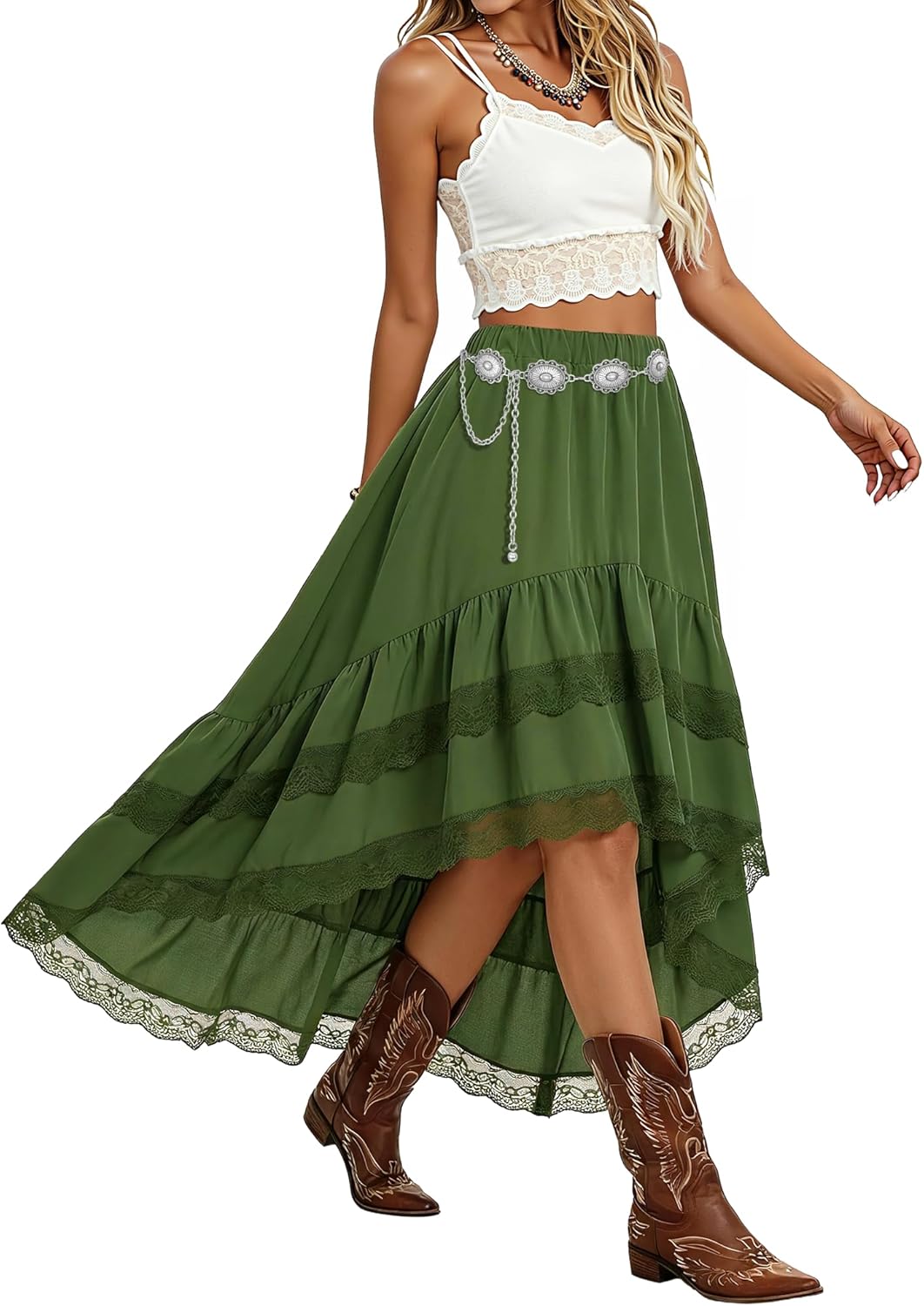 Women's Western Boho High Waist Lace Trim Skirt Asymmetrical Tiered Cowgirl Midi Skirt for Country Concert Music Festival