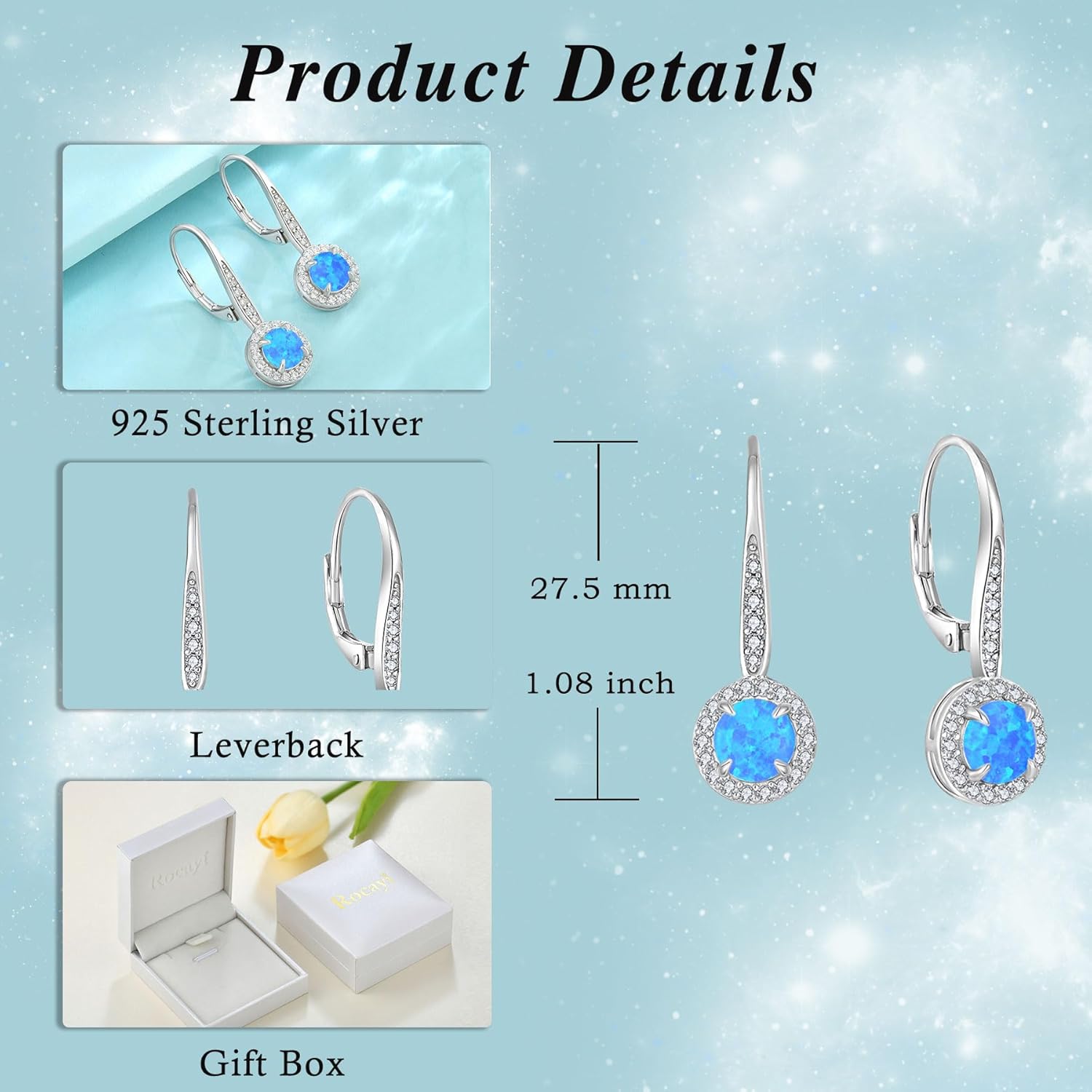 Opal Dangle Drop Earrings for Women 925 Sterling Silver Round Opal Leverback Earrings Gemstone Jewelry for Women White/Blue/Pink/Green - Image 6