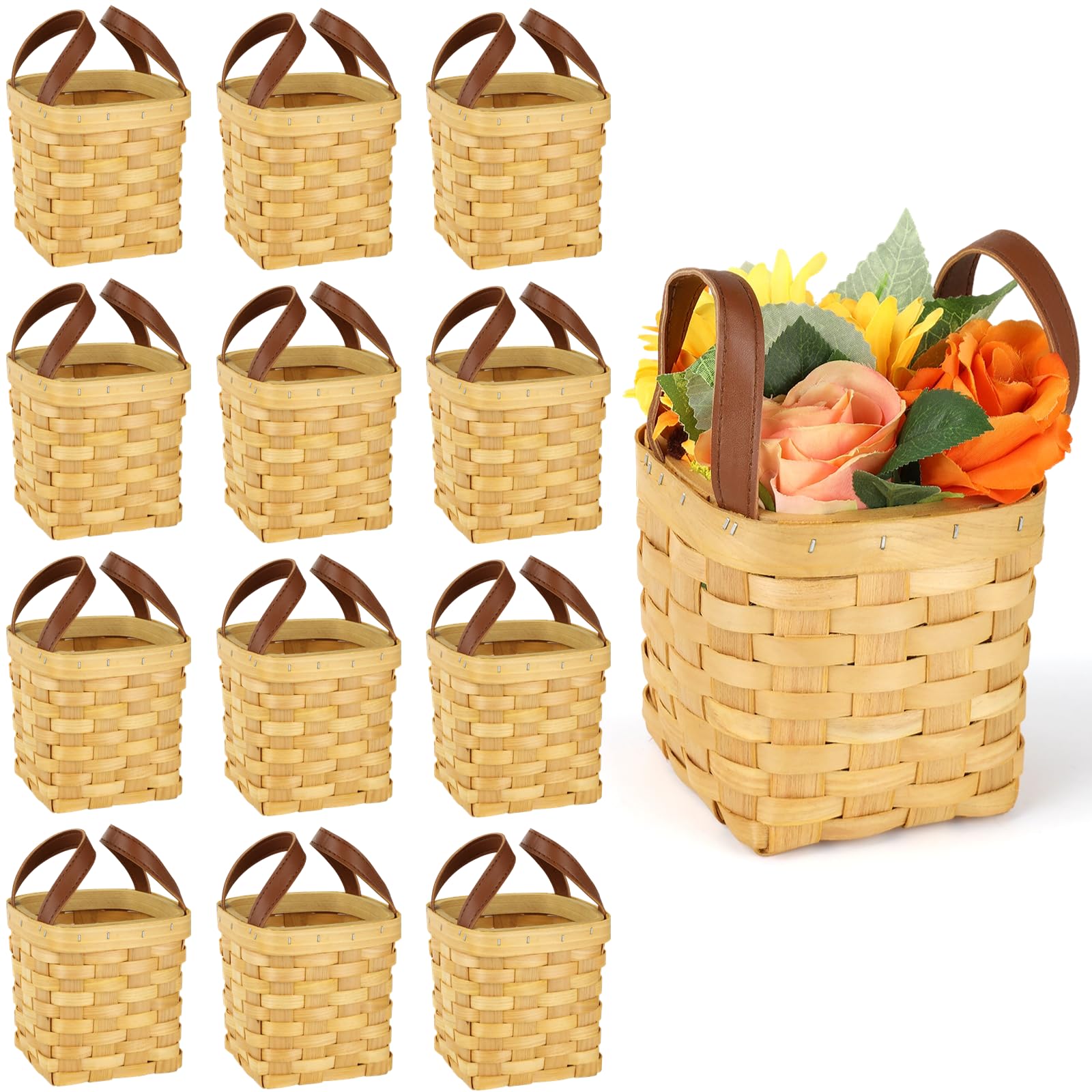 12 cestas tejidas de madera con asas, cestas de almacenamiento de mimbre de madera vacías, cestas de picnic vacías tejidas decorativas, cestas de flores tejidas como recuerdo, regalos, arte floral