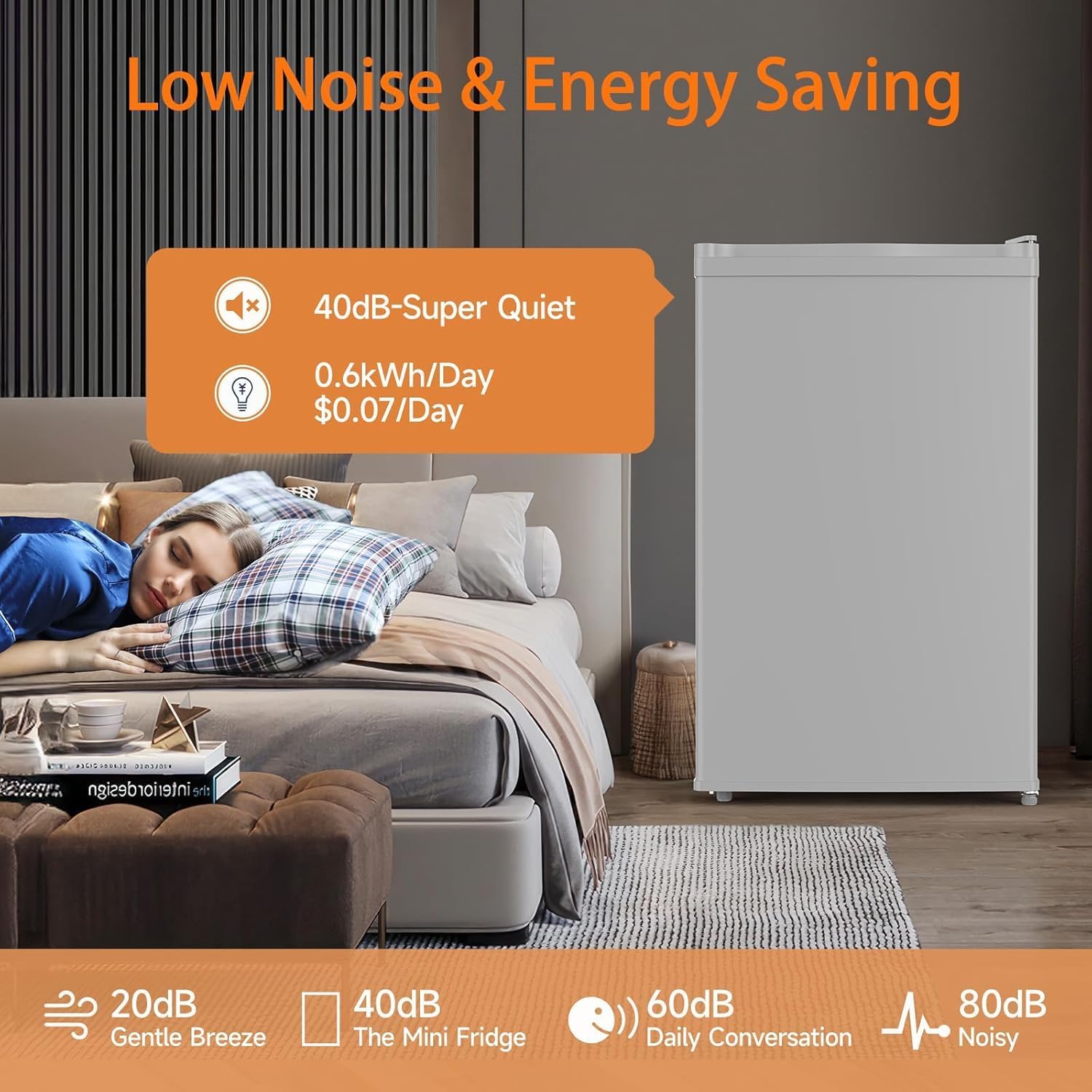 SunnyFurn 4.3 Cu.Ft Mini Fridge With Freezer, Single Door Compact Refrigerator, 7 Temperature Settings, Removable Glass Shelves & Crisper Drawer, for Apartment, Bedroom, Office, Dorm, RV, Grey